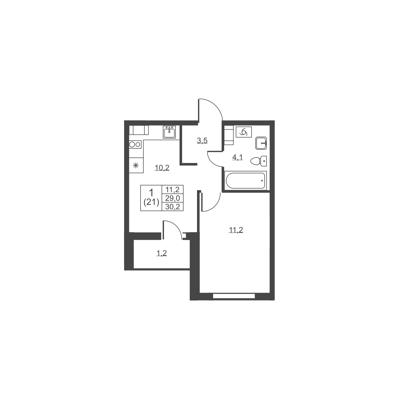 1-комнатная квартира, 30.2