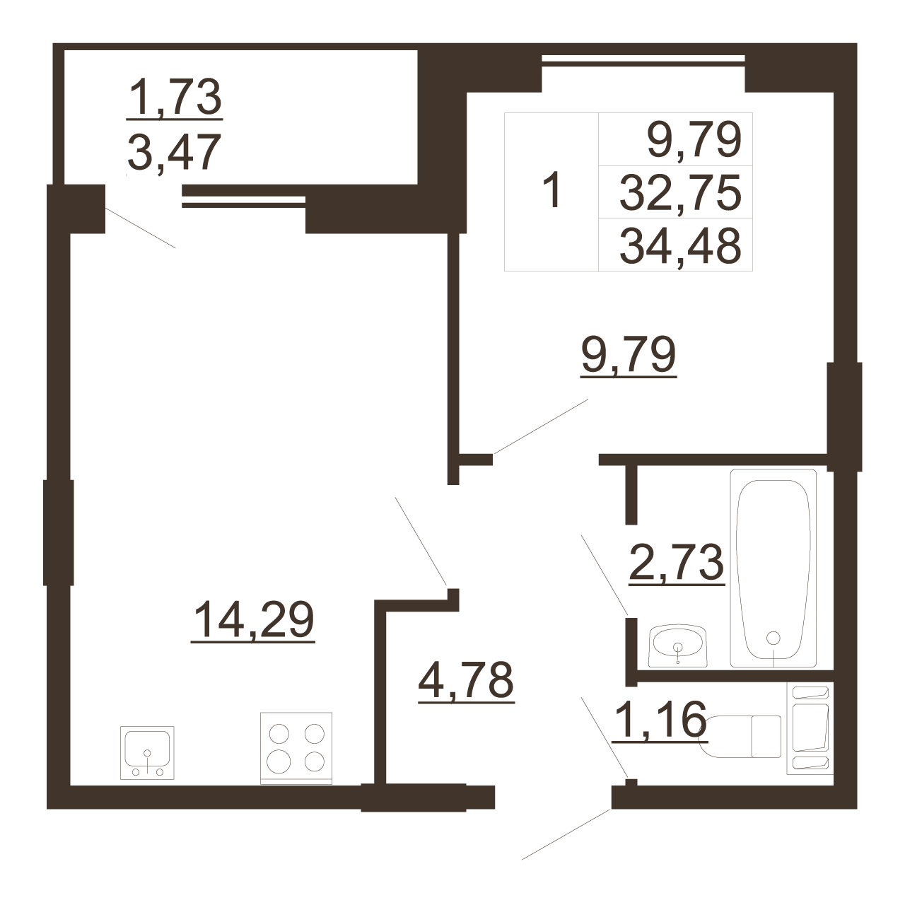 1-комнатная квартира, 34.48