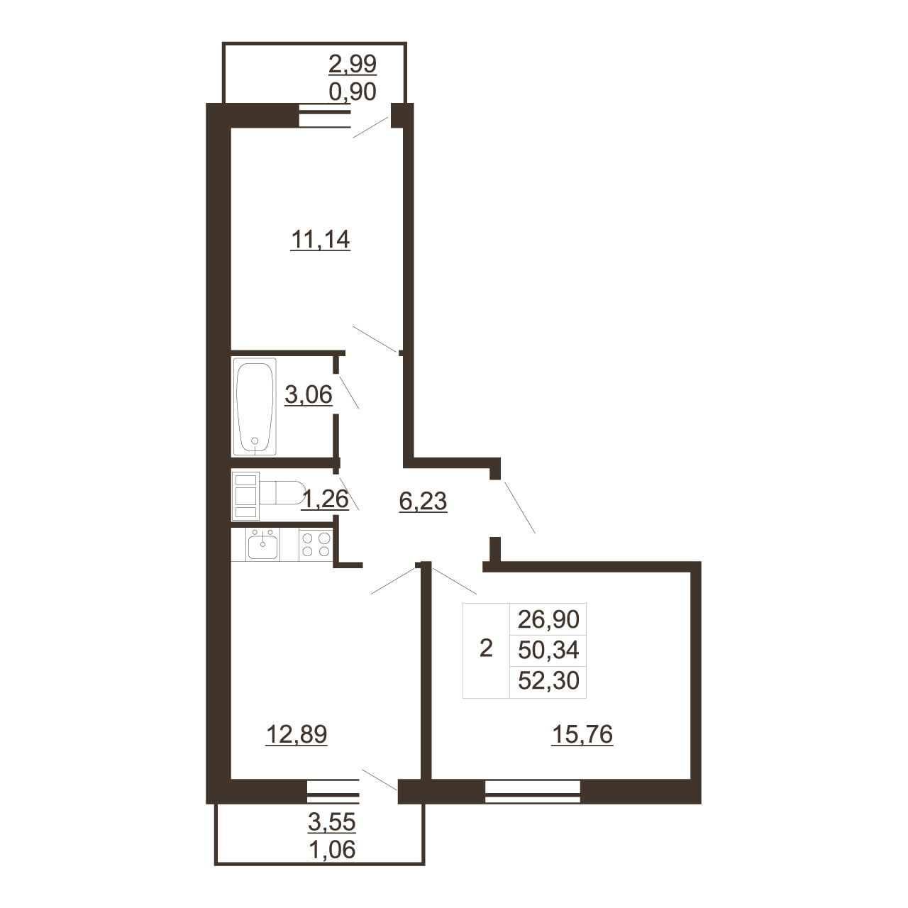 2-комнатная квартира, 52.3