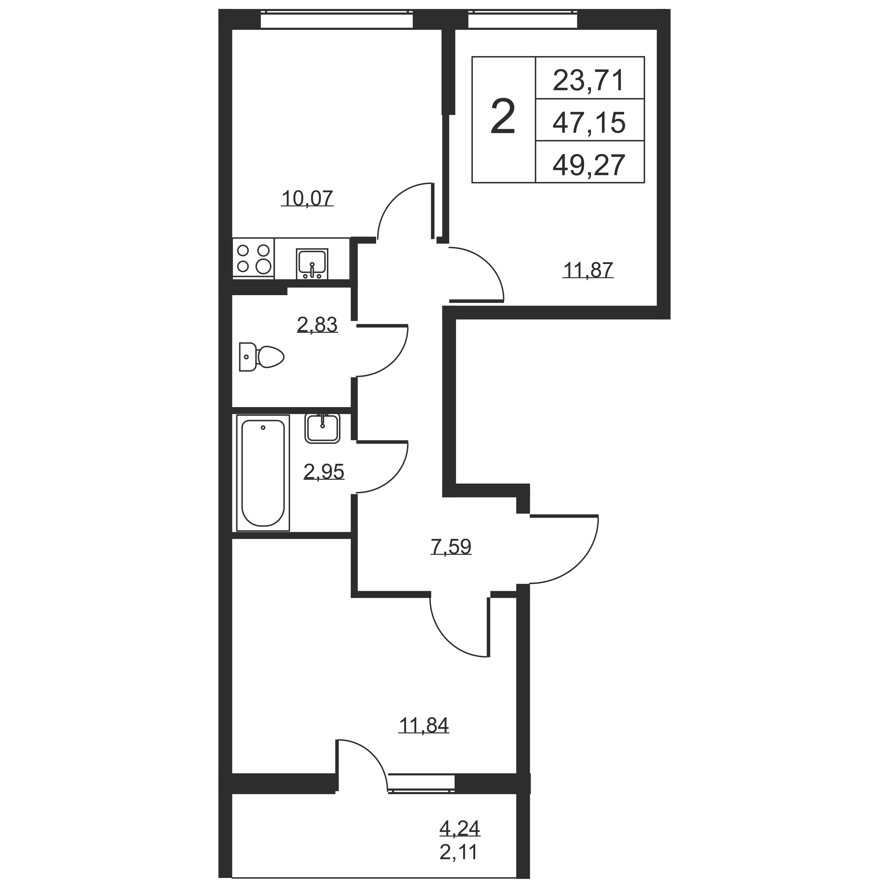 2-комнатная квартира, 49.27