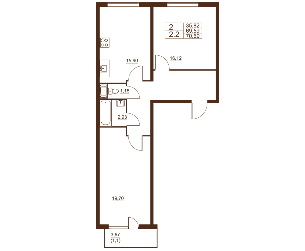 2-комнатная квартира, 70.69