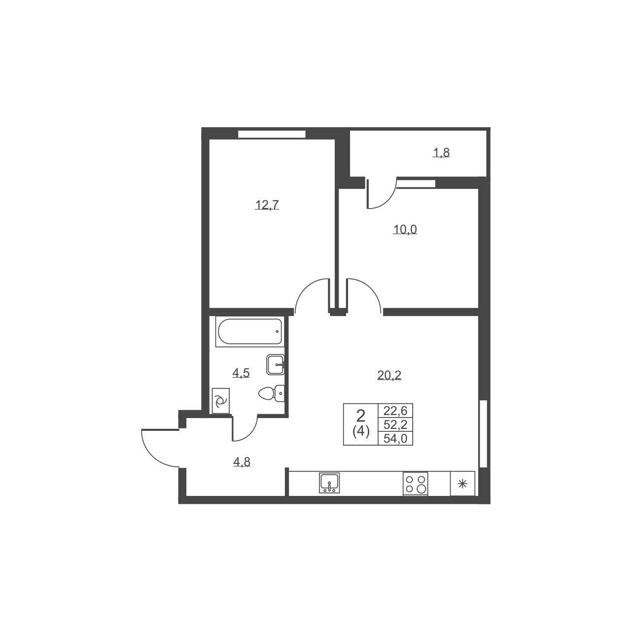 2-комнатная квартира, 54