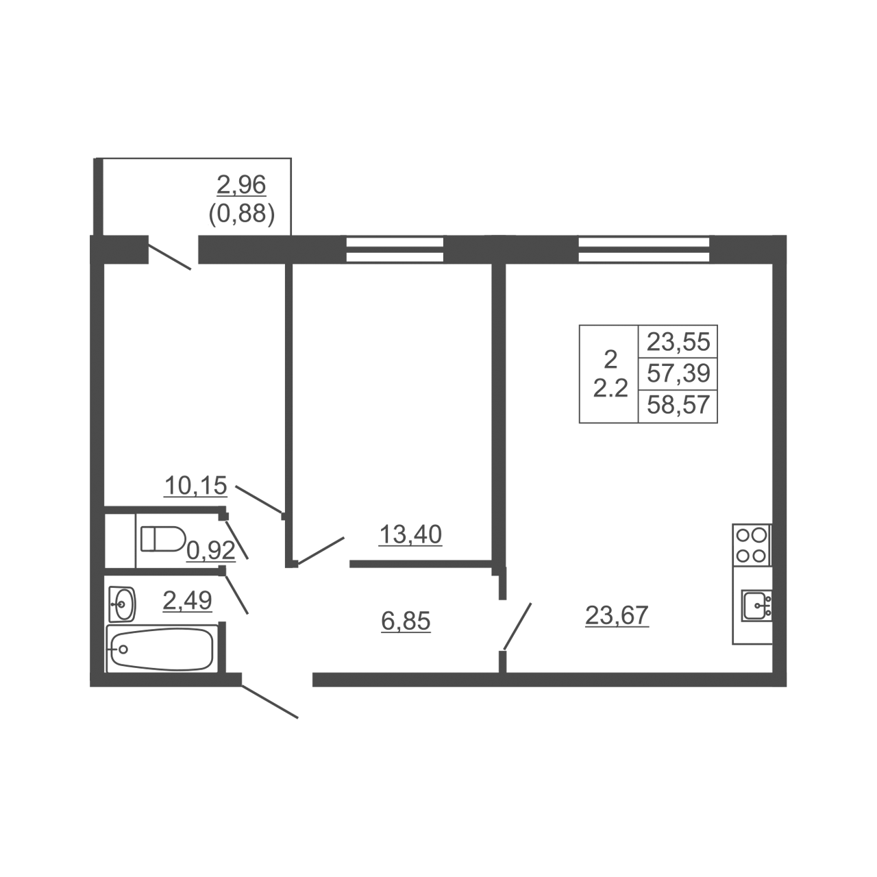 2-комнатная квартира, 58.27