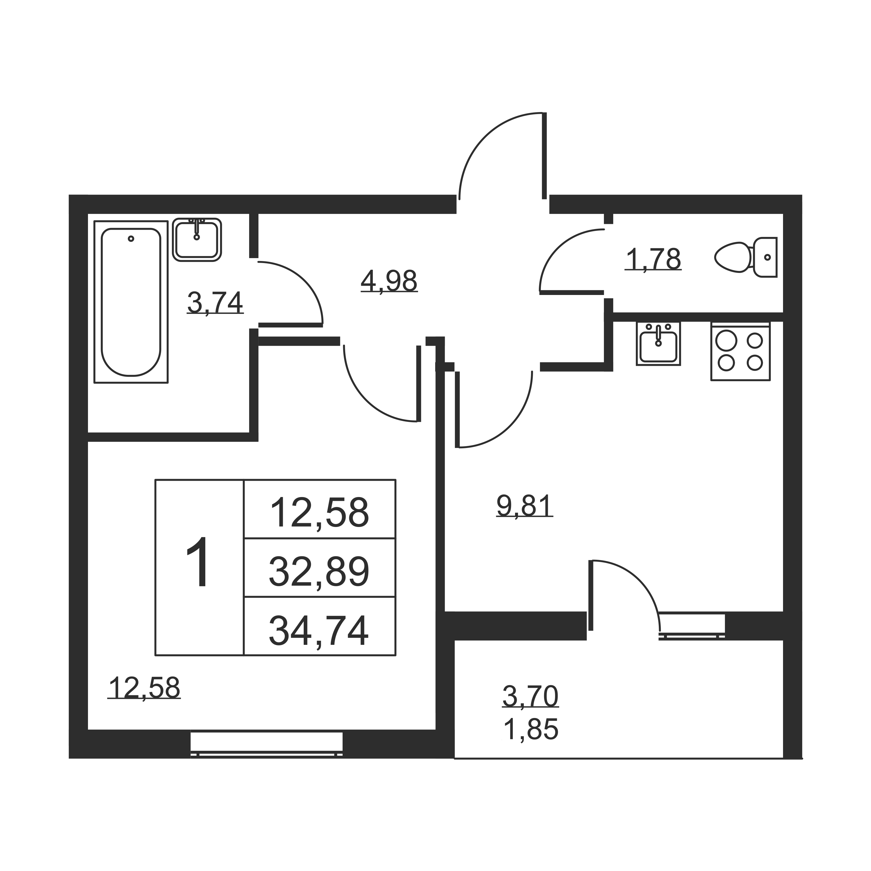 1-комнатная квартира, 34.74