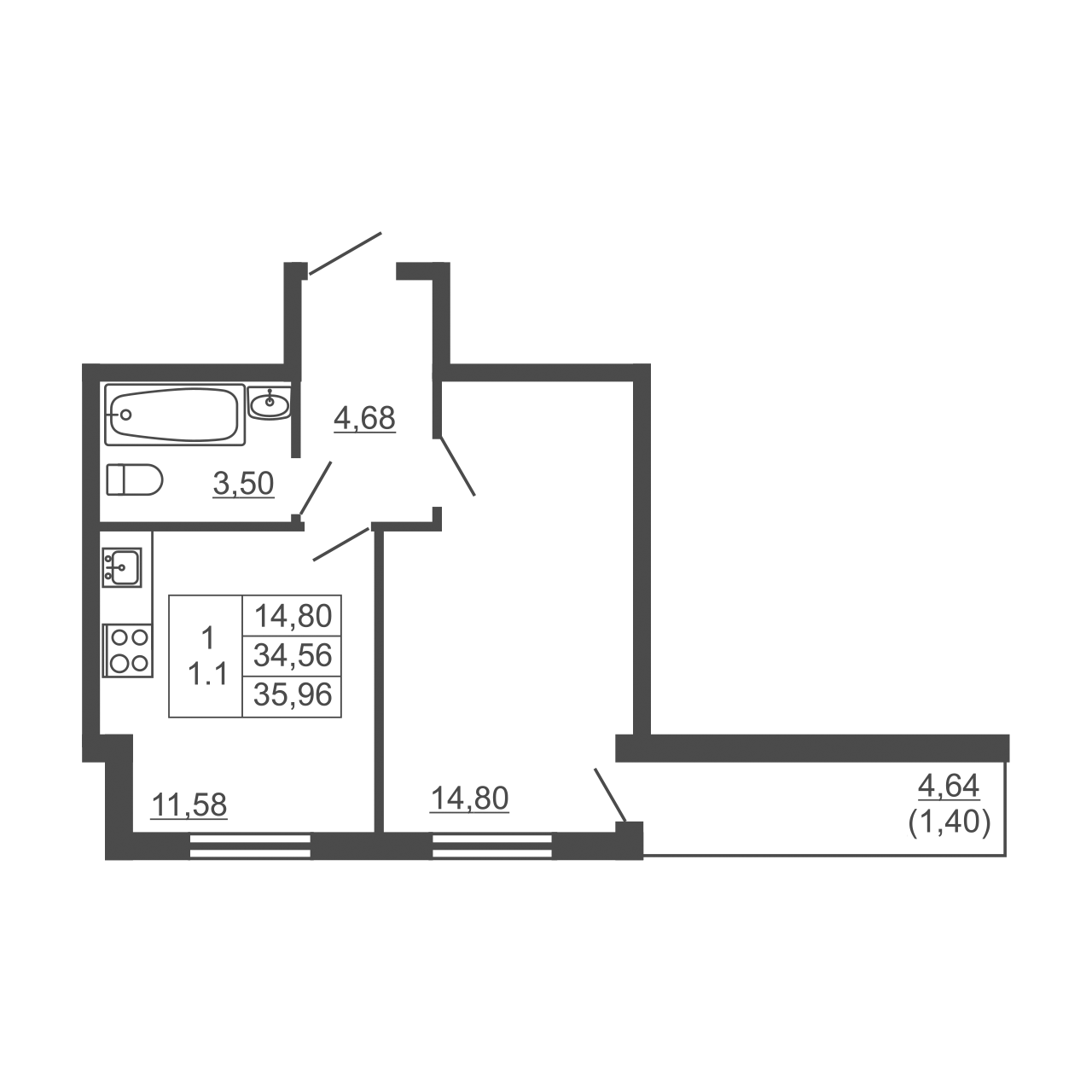1-комнатная квартира, 35.96
