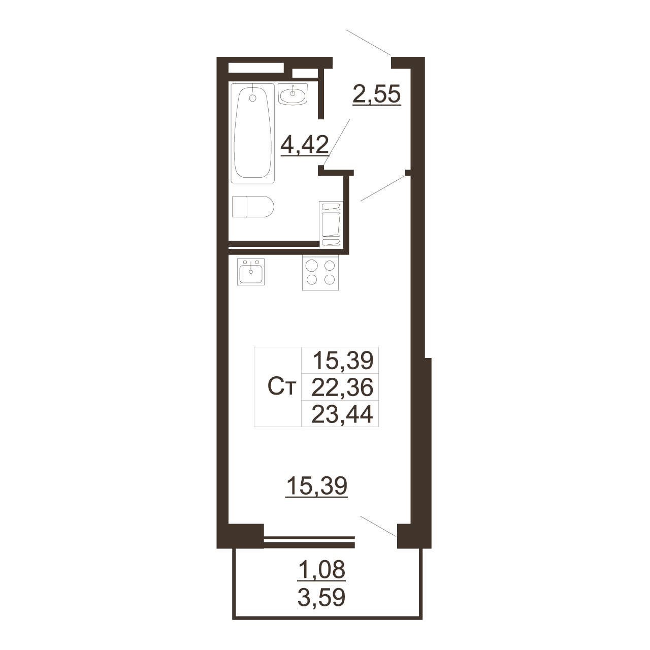 Квартира студия, 23.44