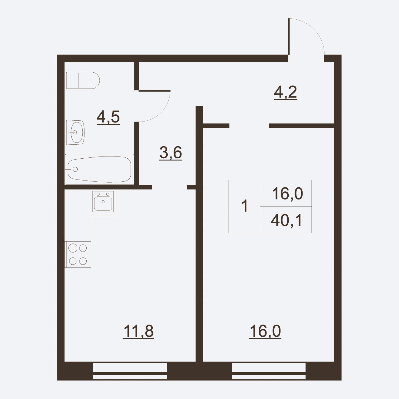 1-комнатная квартира, 40.1