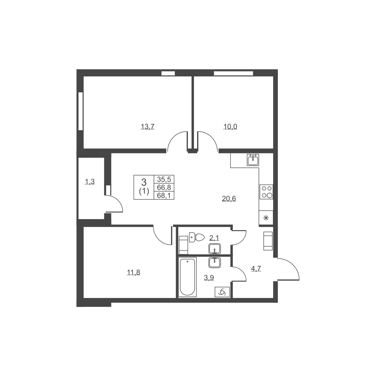 3-комнатная квартира, 68.1