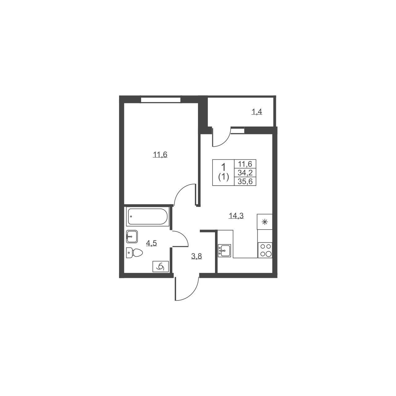 1-комнатная квартира, 35.6