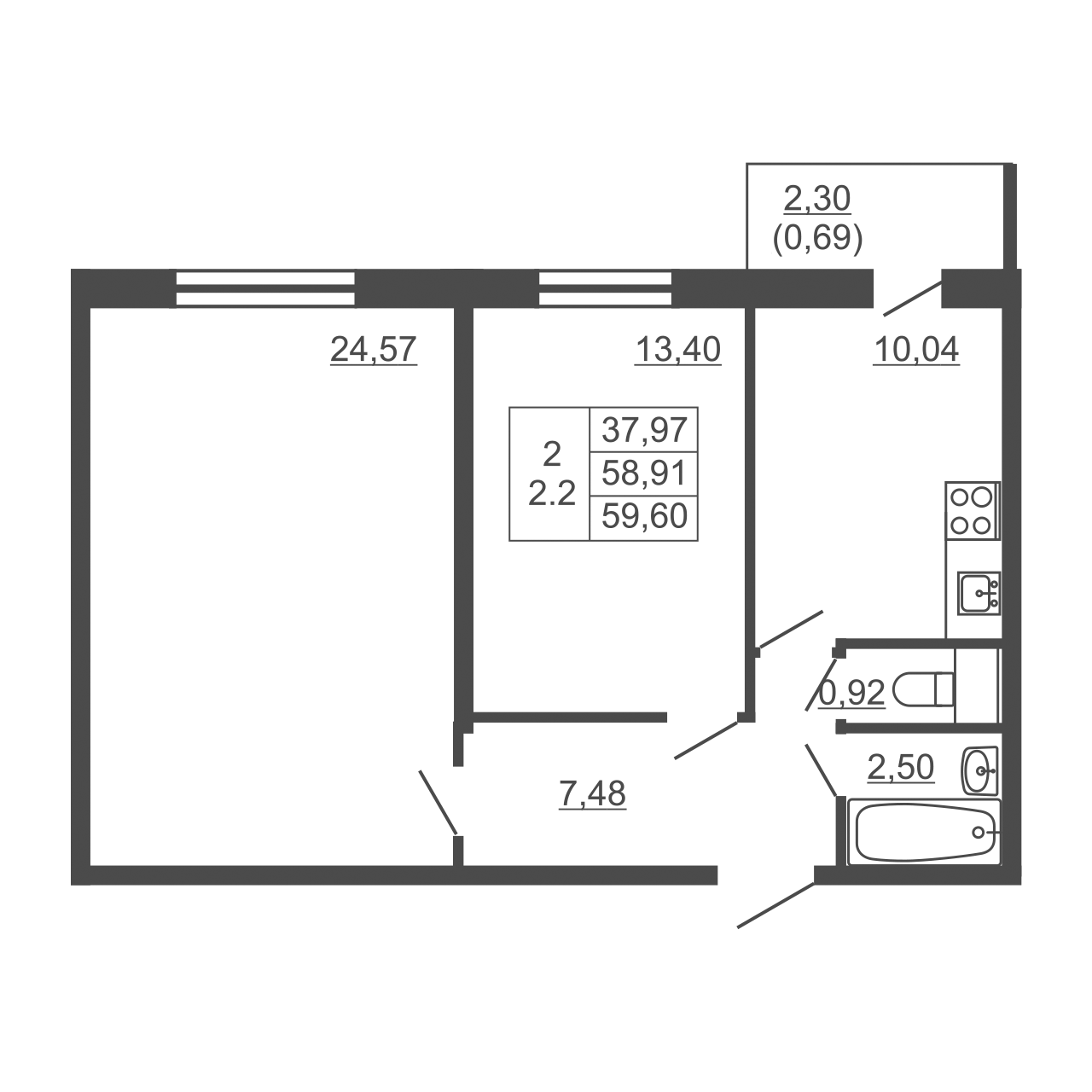 2-комнатная квартира, 59.6