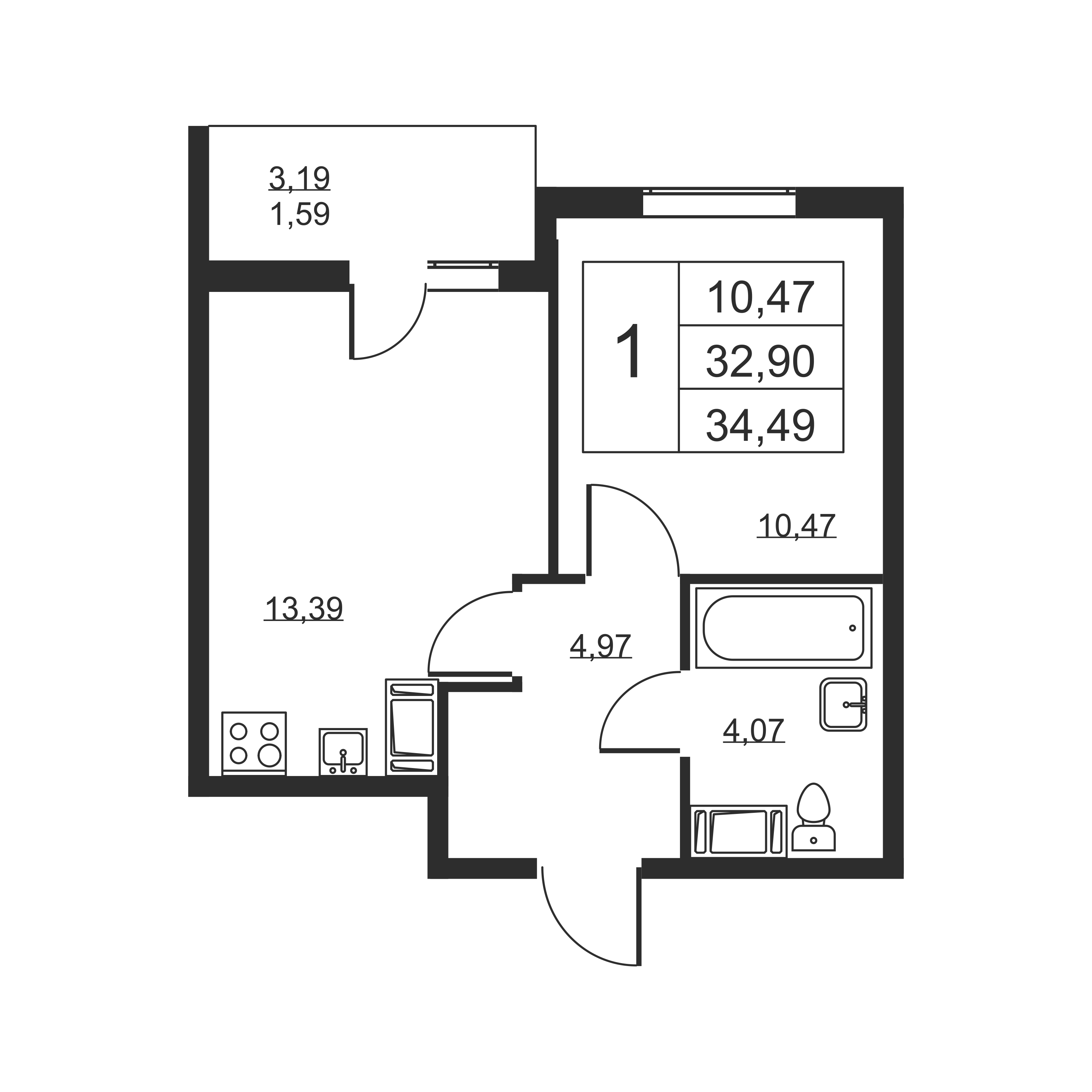 1-комнатная квартира, 34.49