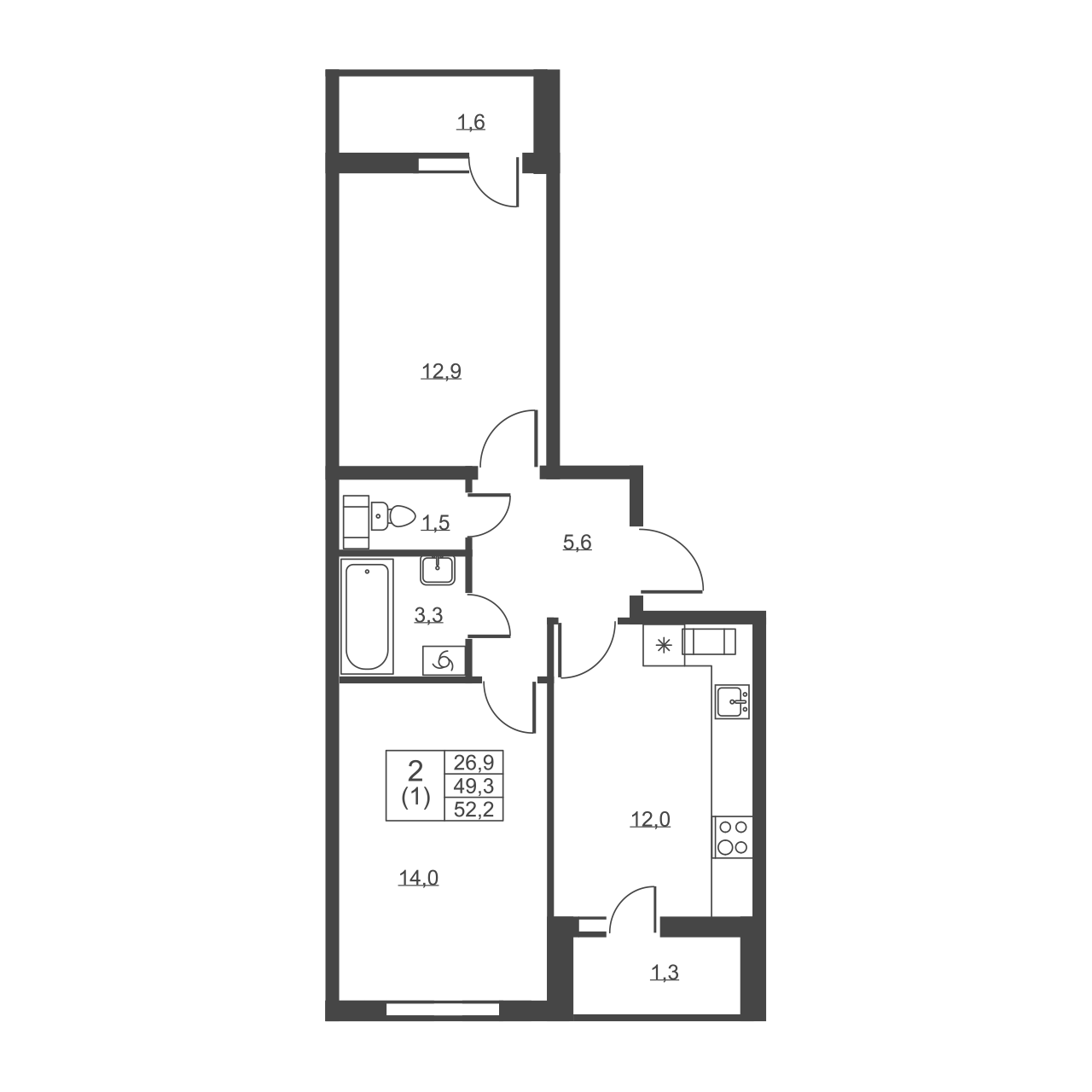 2-комнатная квартира, 52.2