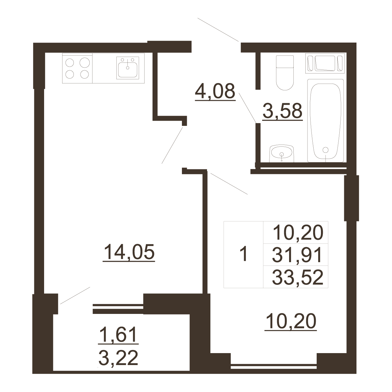 1-комнатная квартира, 33.52