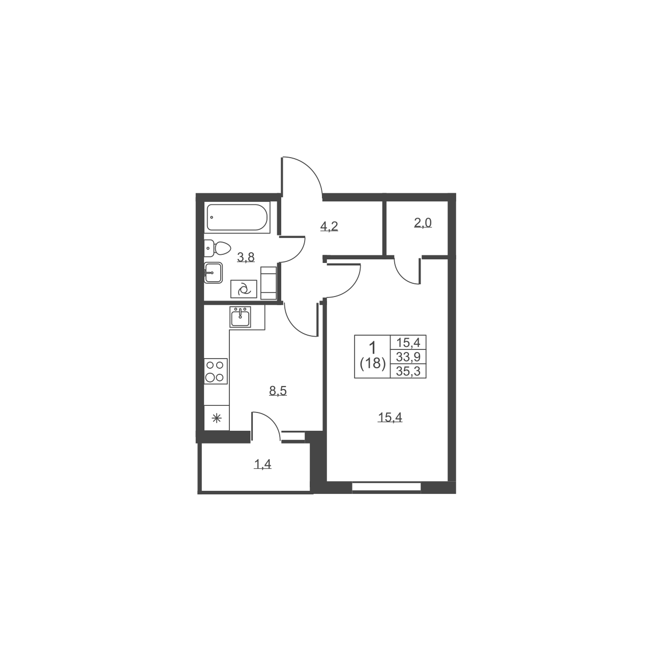 1-комнатная квартира, 35.3