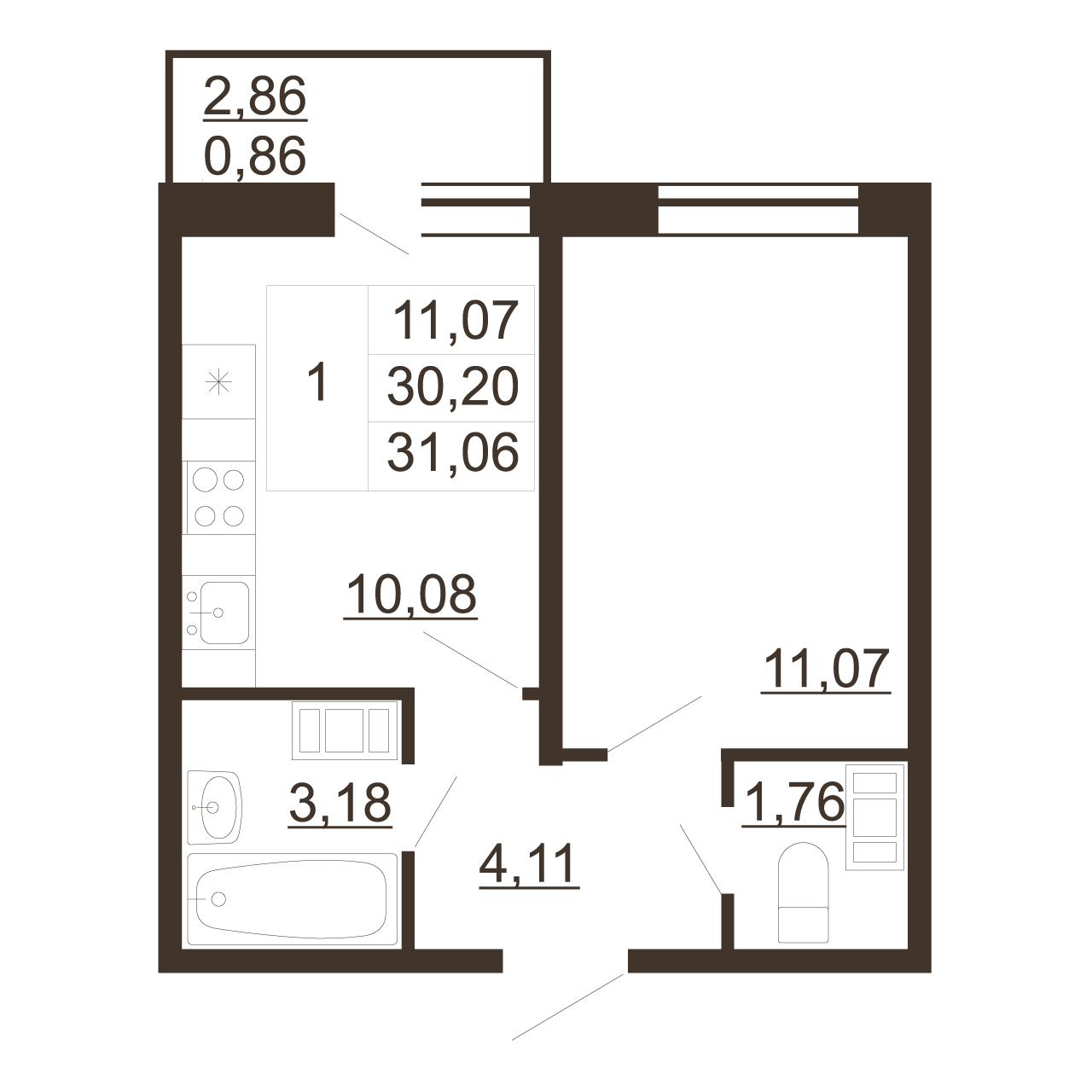 1-комнатная квартира, 31.06