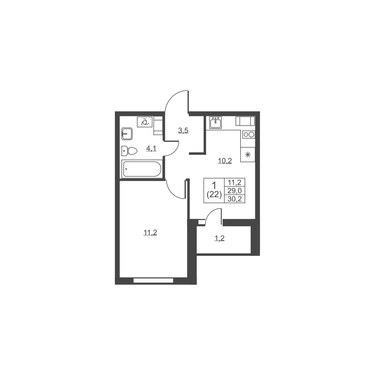 1-комнатная квартира, 30.2