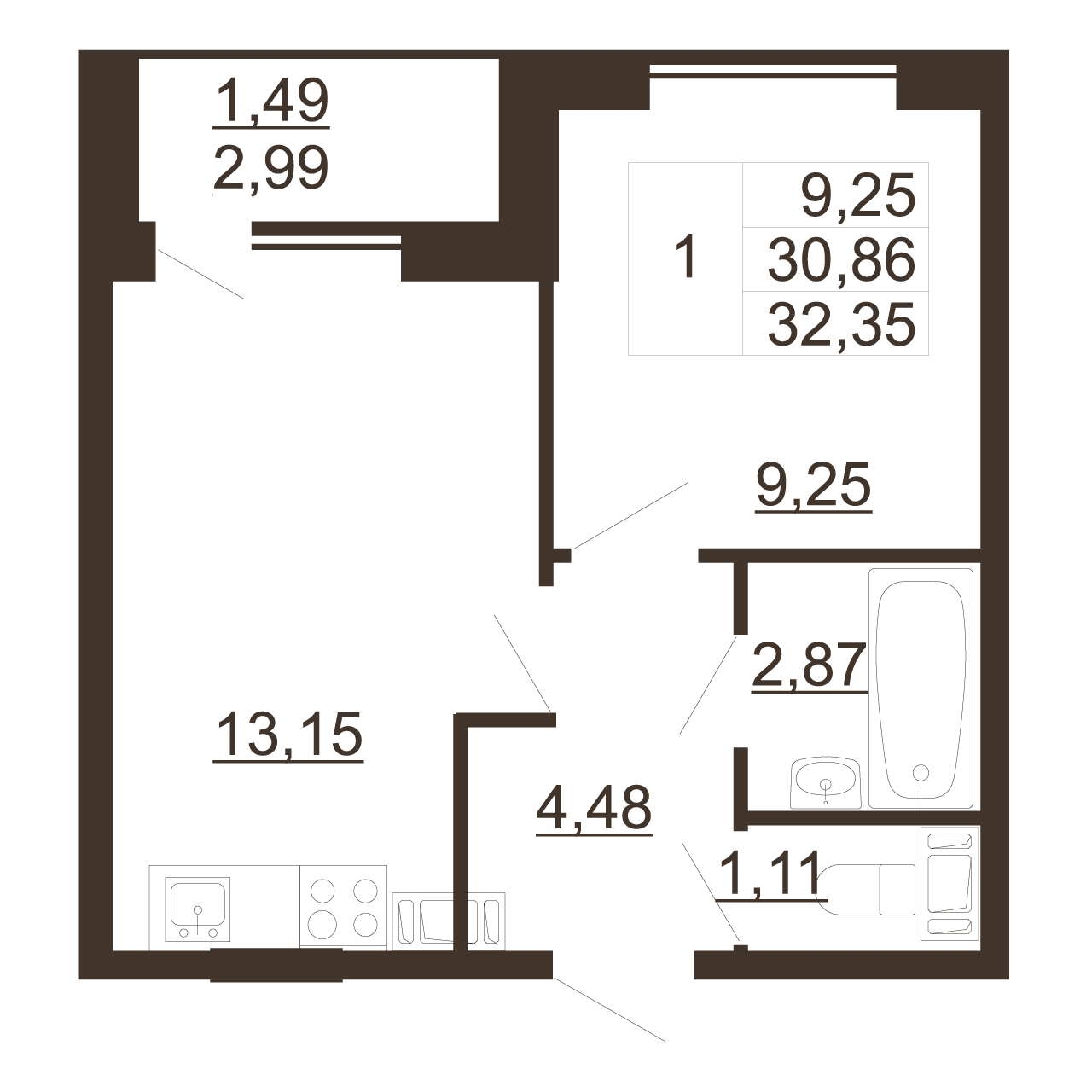 1-комнатная квартира, 32.35