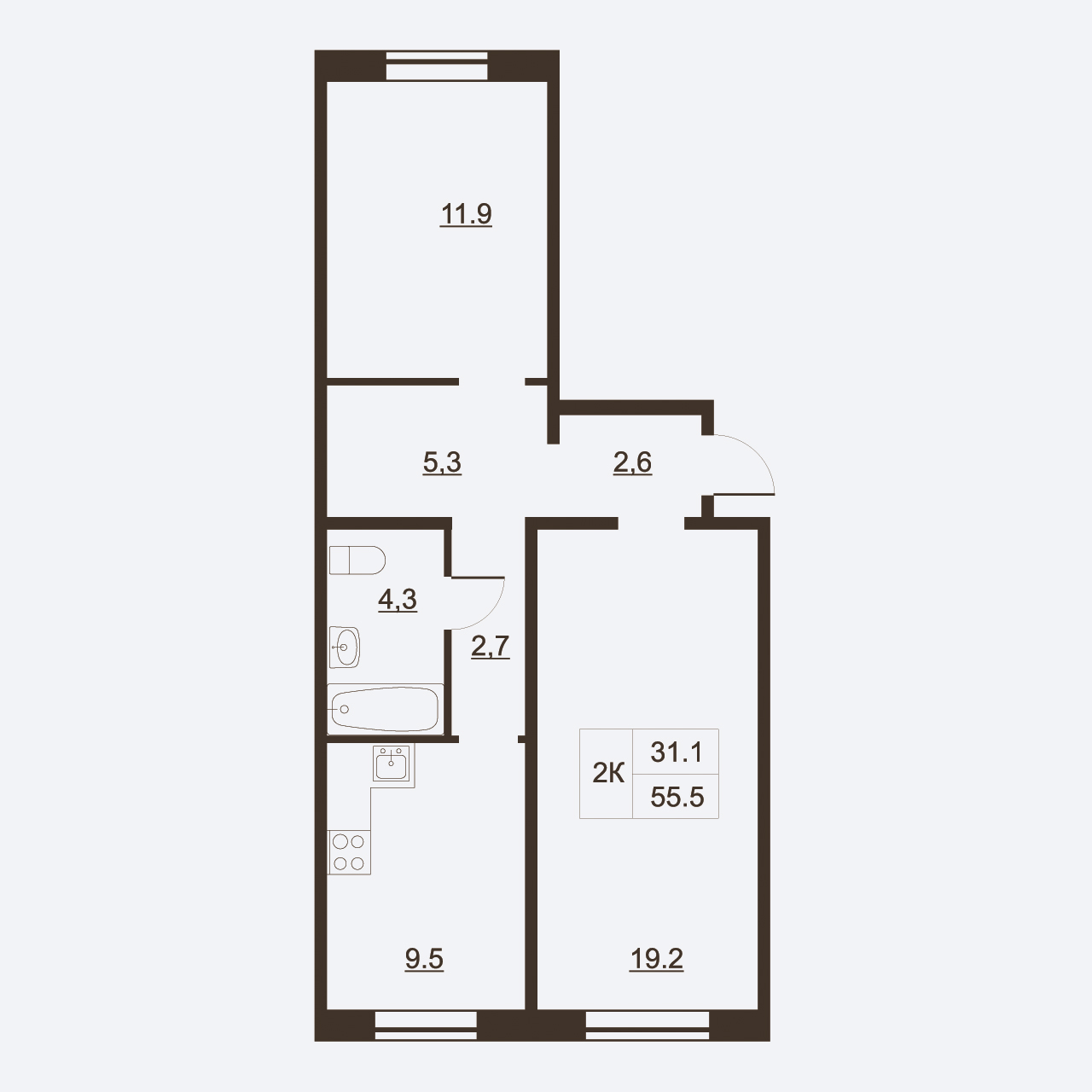 2-комнатная квартира, 55.5