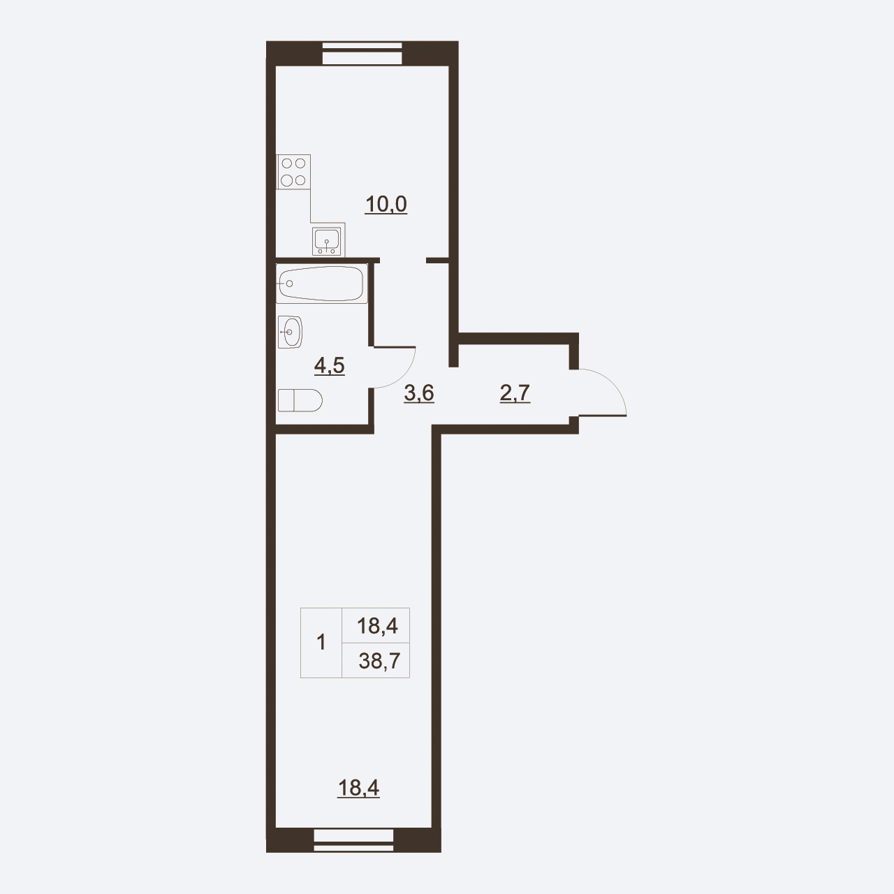 1-комнатная квартира, 38.7