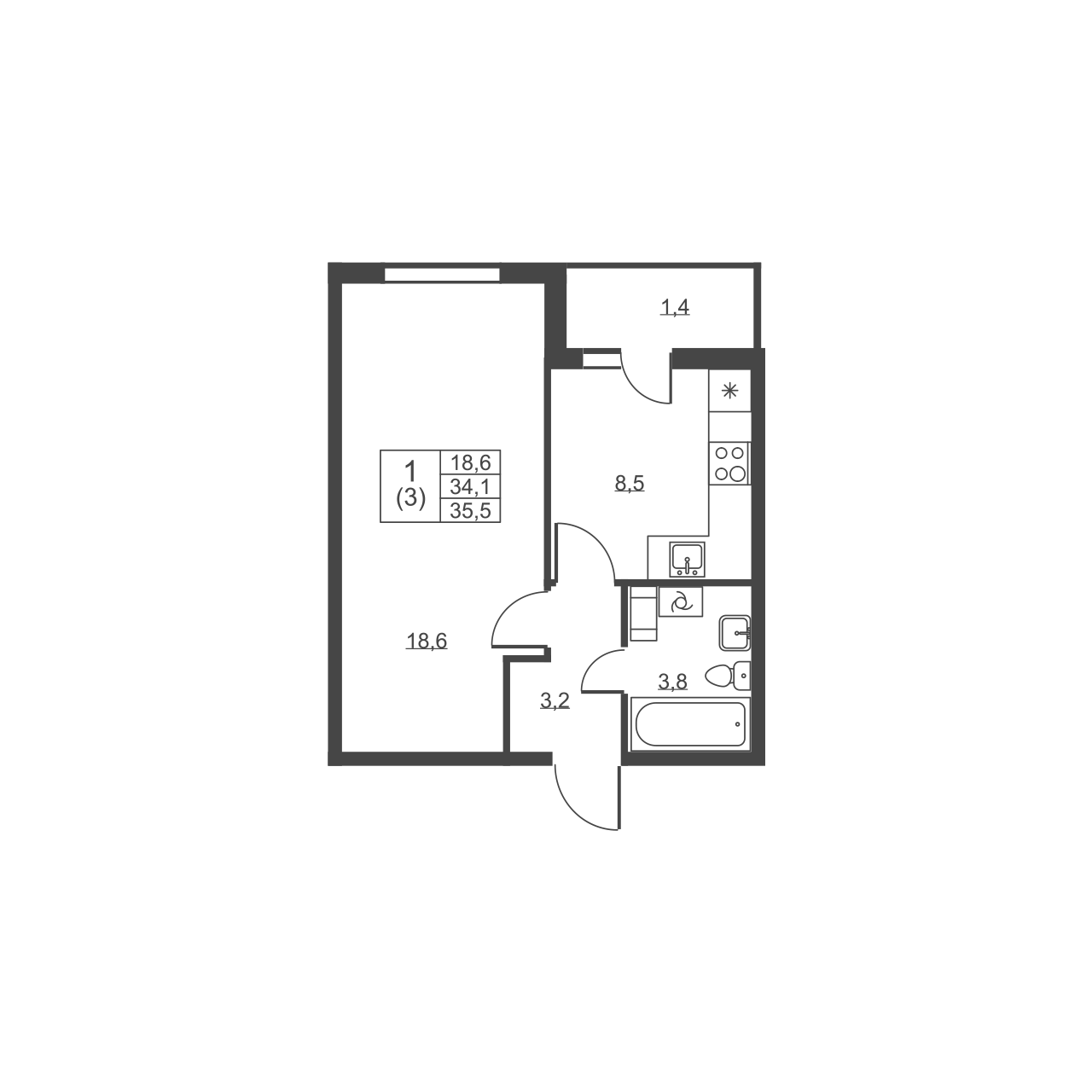 1-комнатная квартира, 35.5