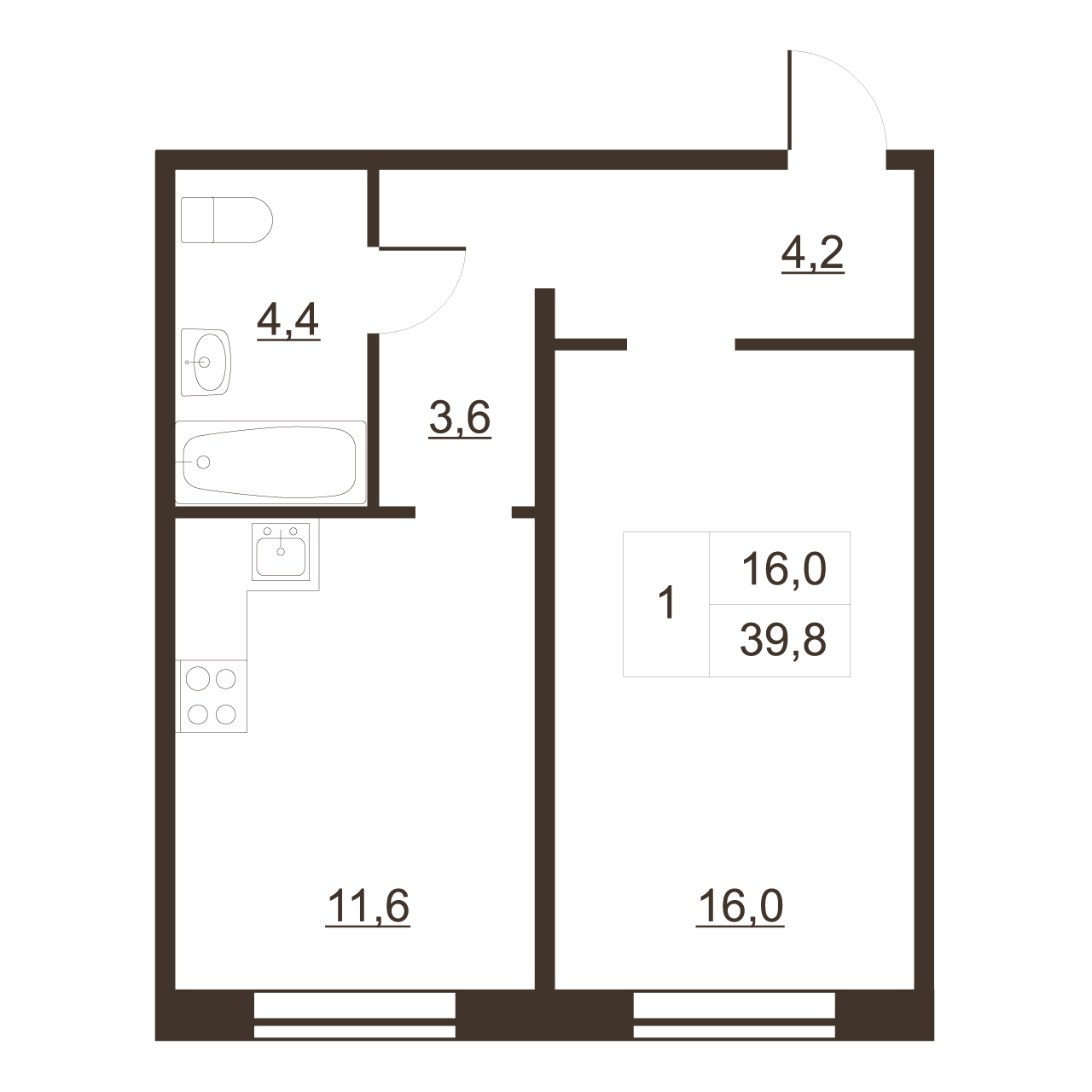 1-комнатная квартира, 39.8