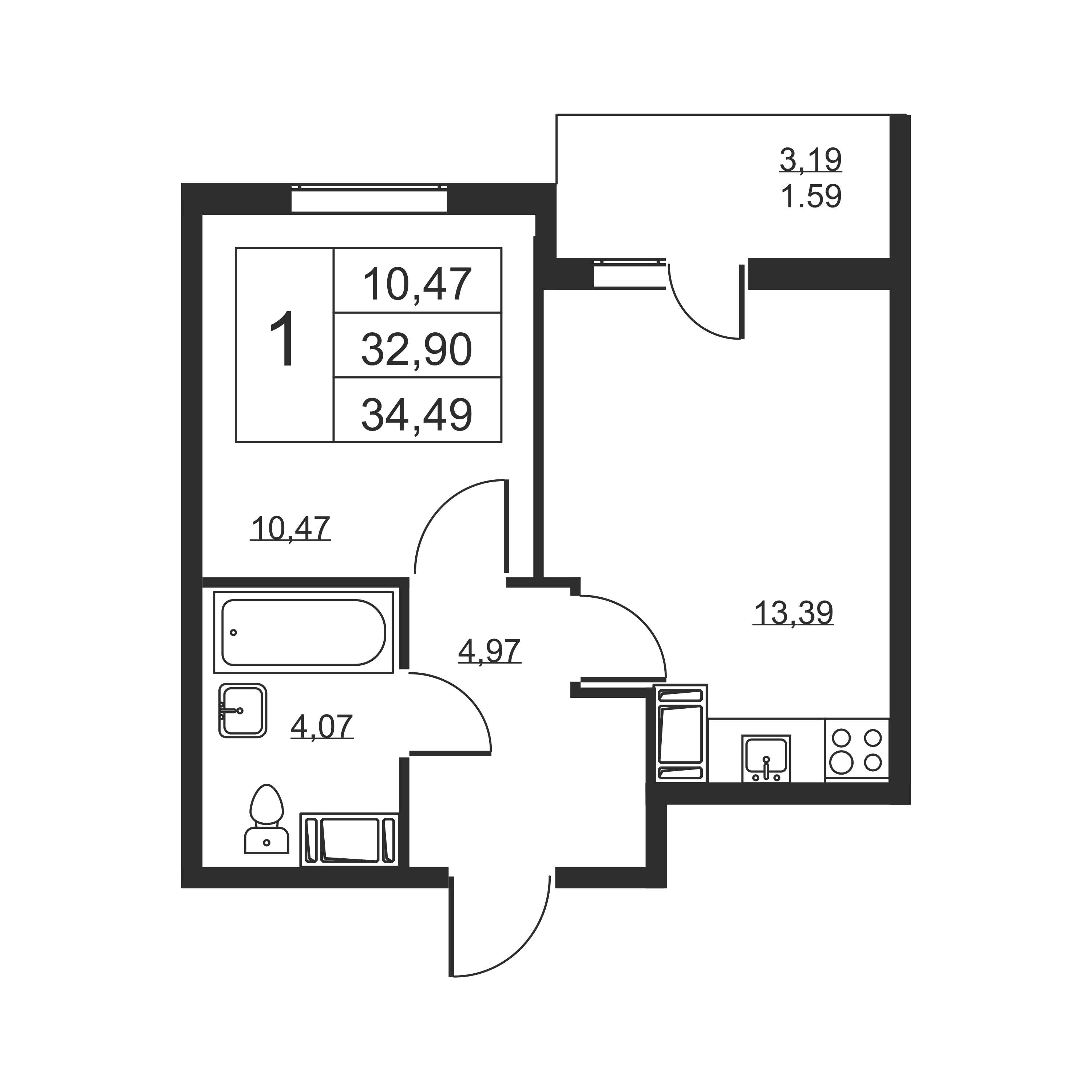 1-комнатная квартира, 34.49