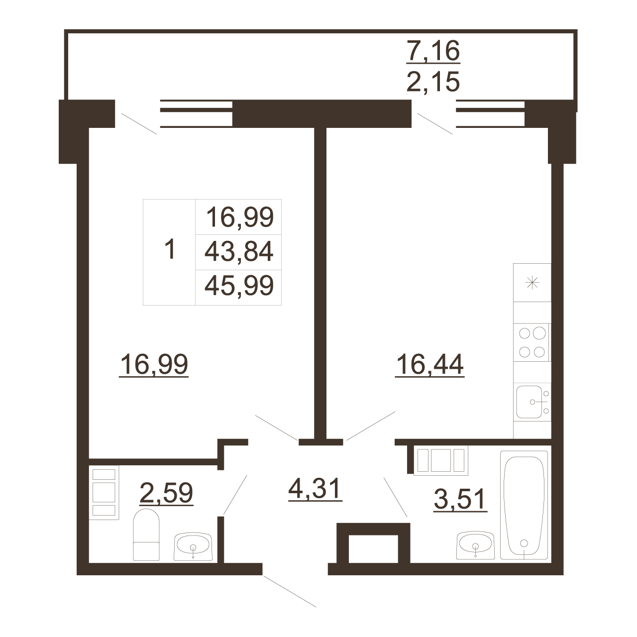 1-комнатная квартира, 45.99