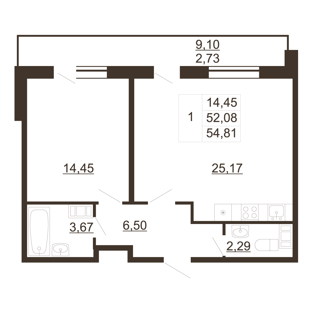 1-комнатная квартира, 54.81