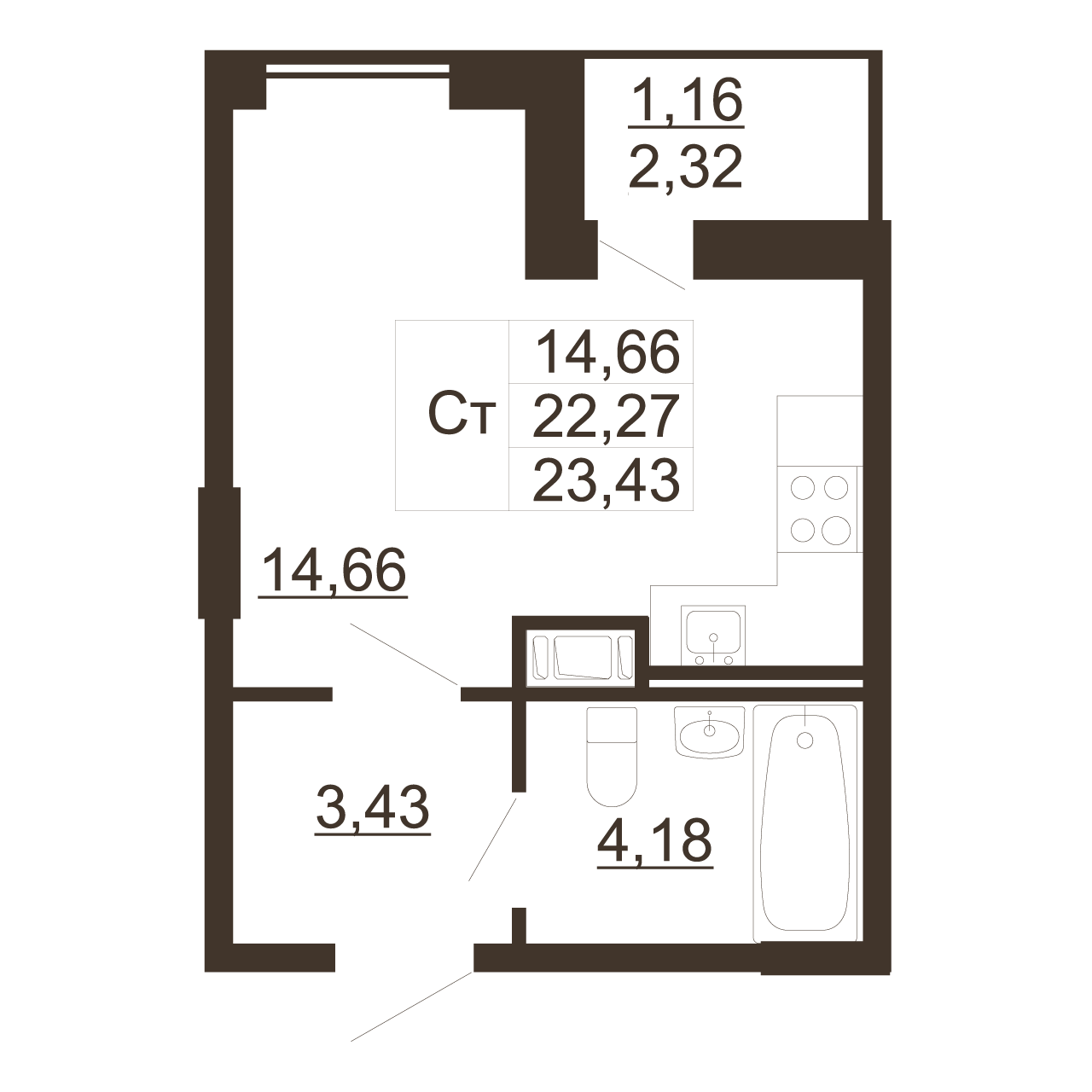 Квартира студия, 23.43