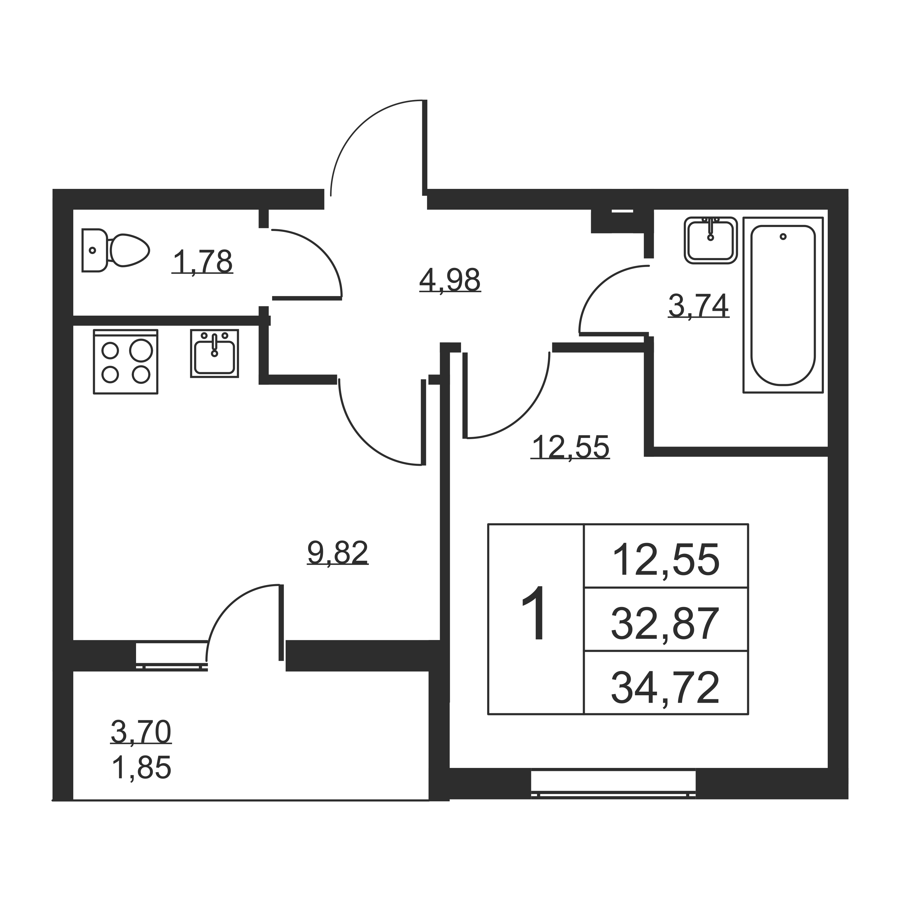 1-комнатная квартира, 34.72