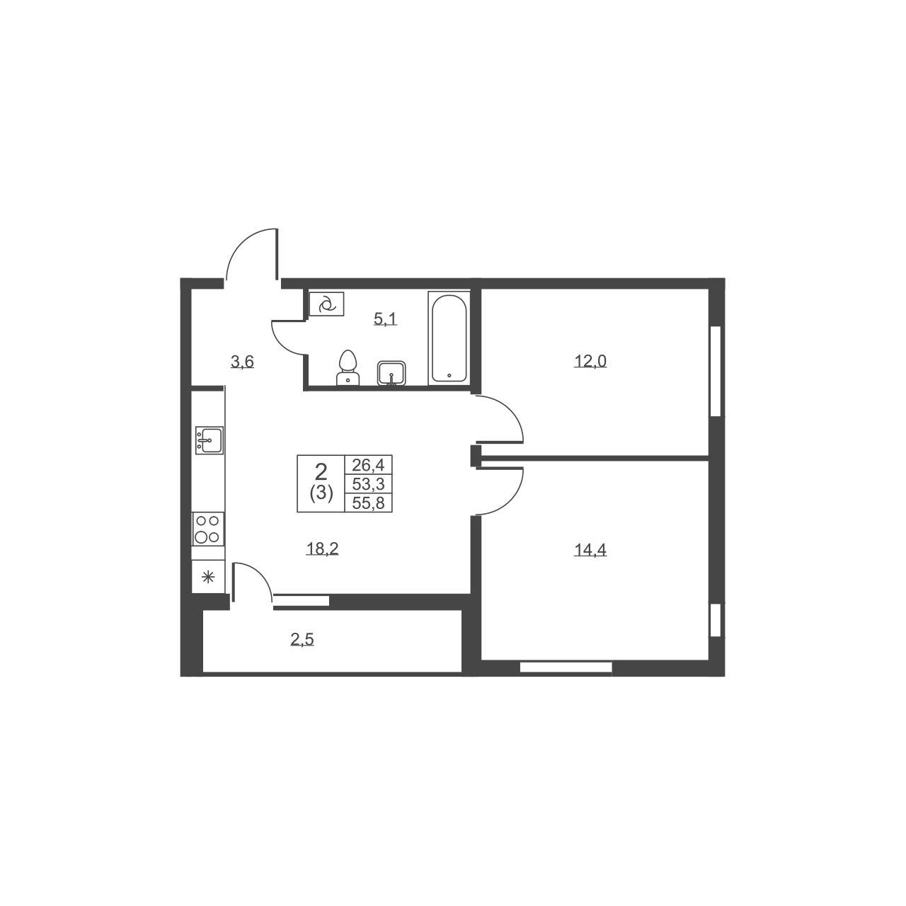 ﻿2-комнатная квартира, 55.8