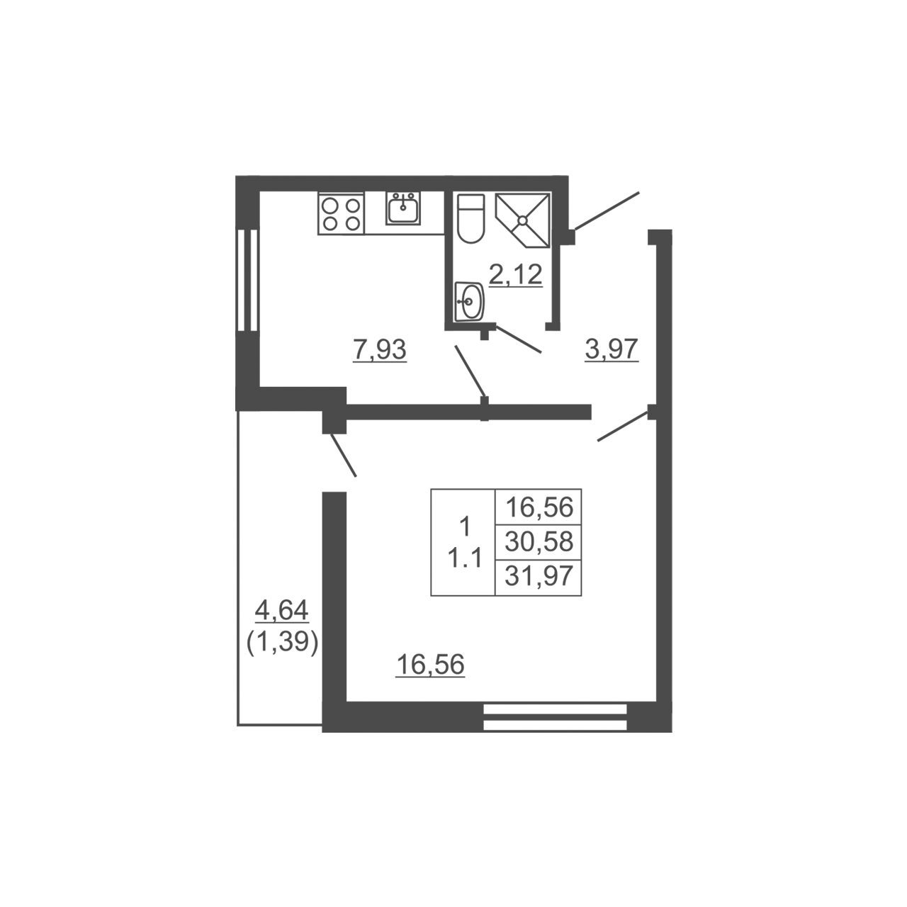 1-комнатная квартира, 31.97