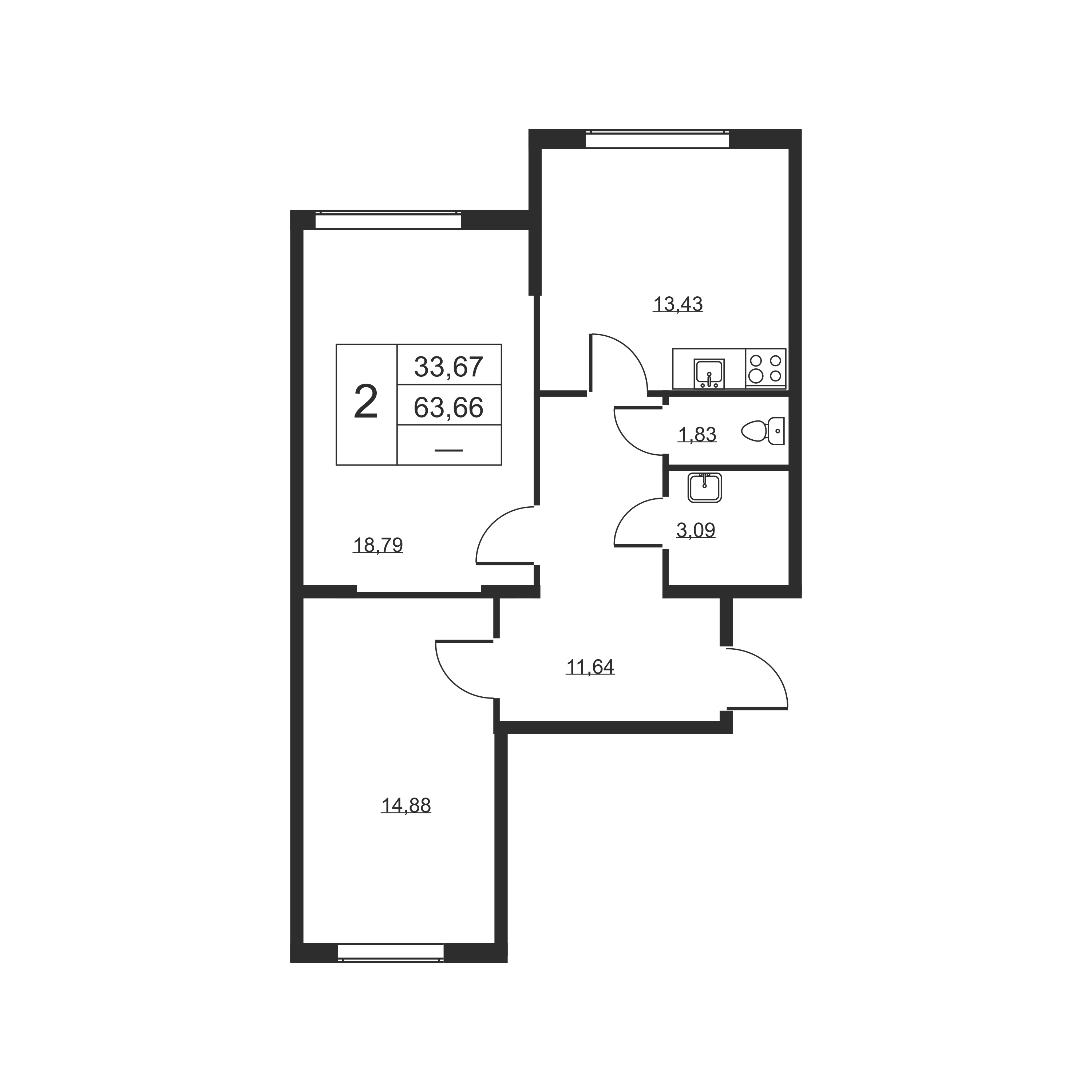 2-комнатная квартира, 63.66