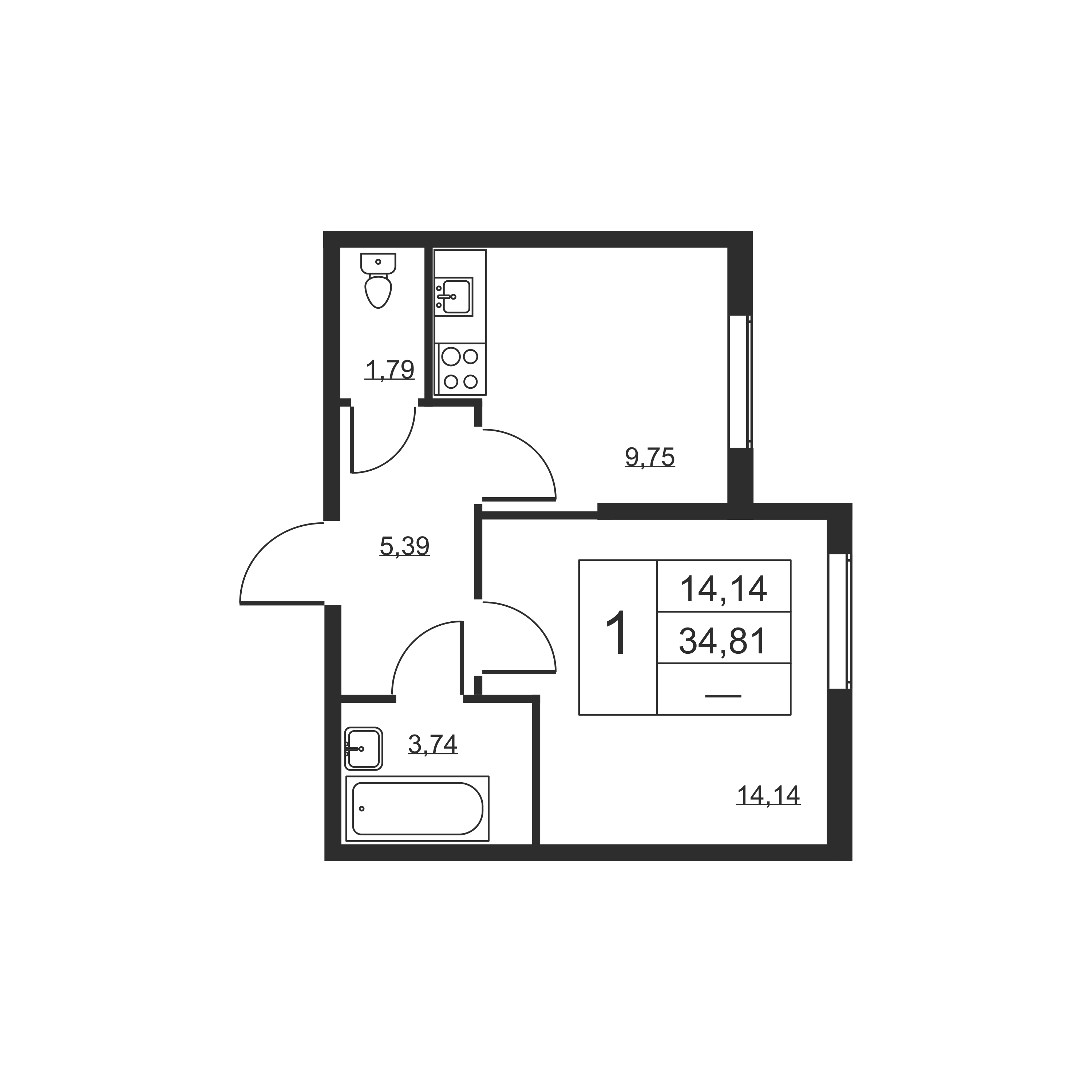 1-комнатная квартира, 34.81