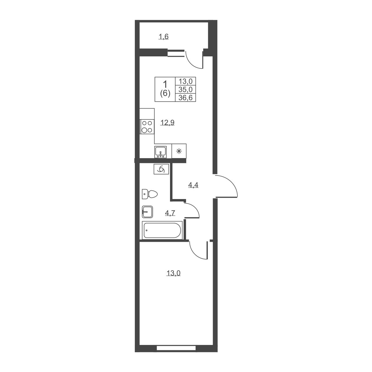 1-комнатная квартира, 36.6