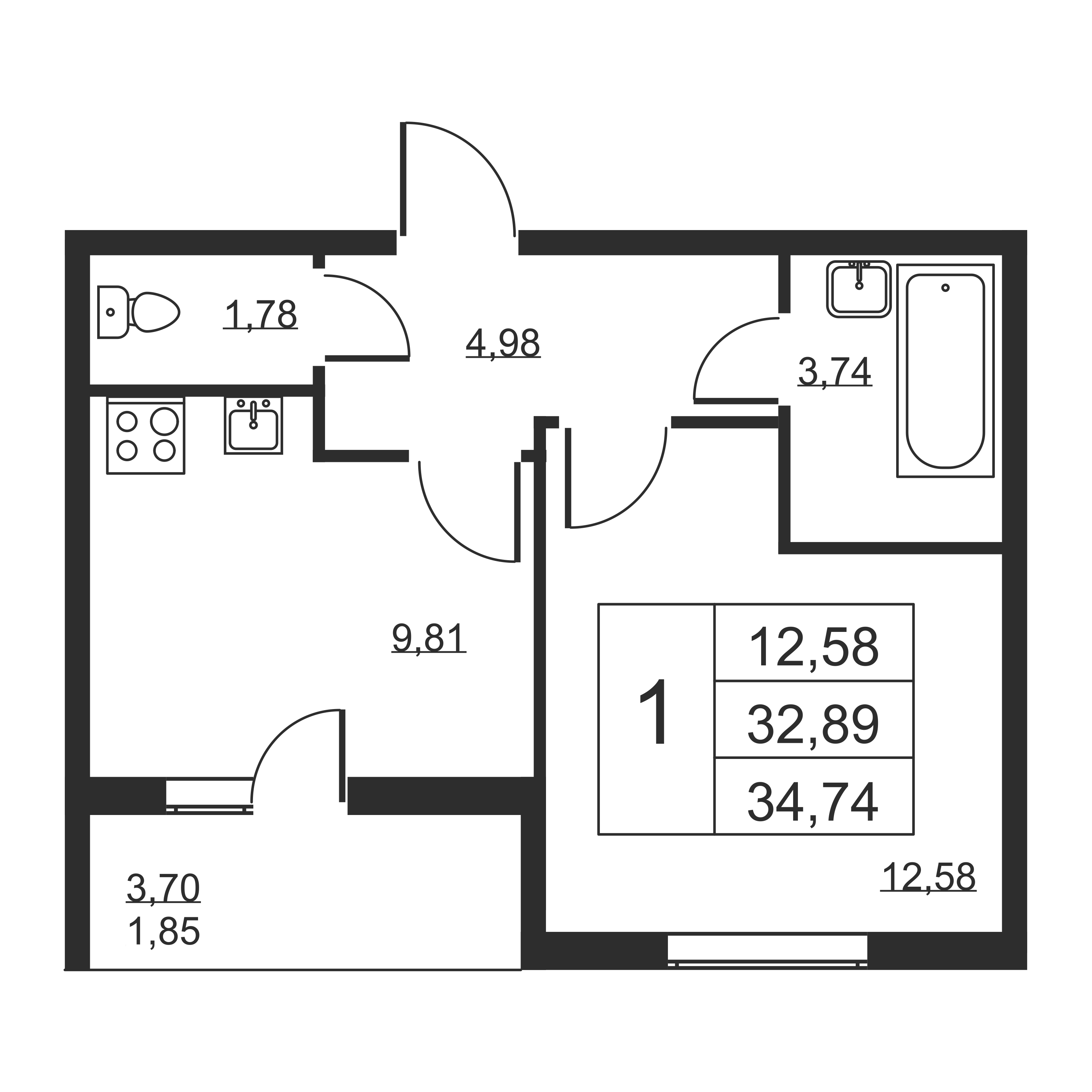 1-комнатная квартира, 34.74