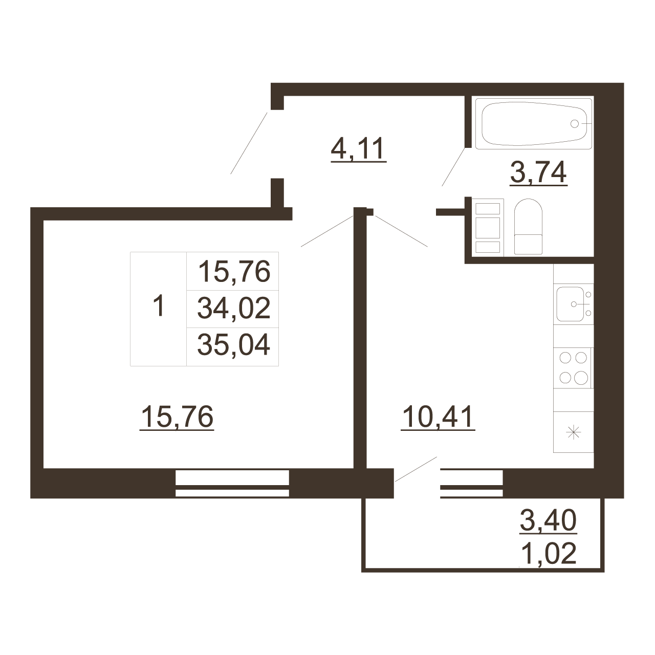 1-комнатная квартира, 35.04