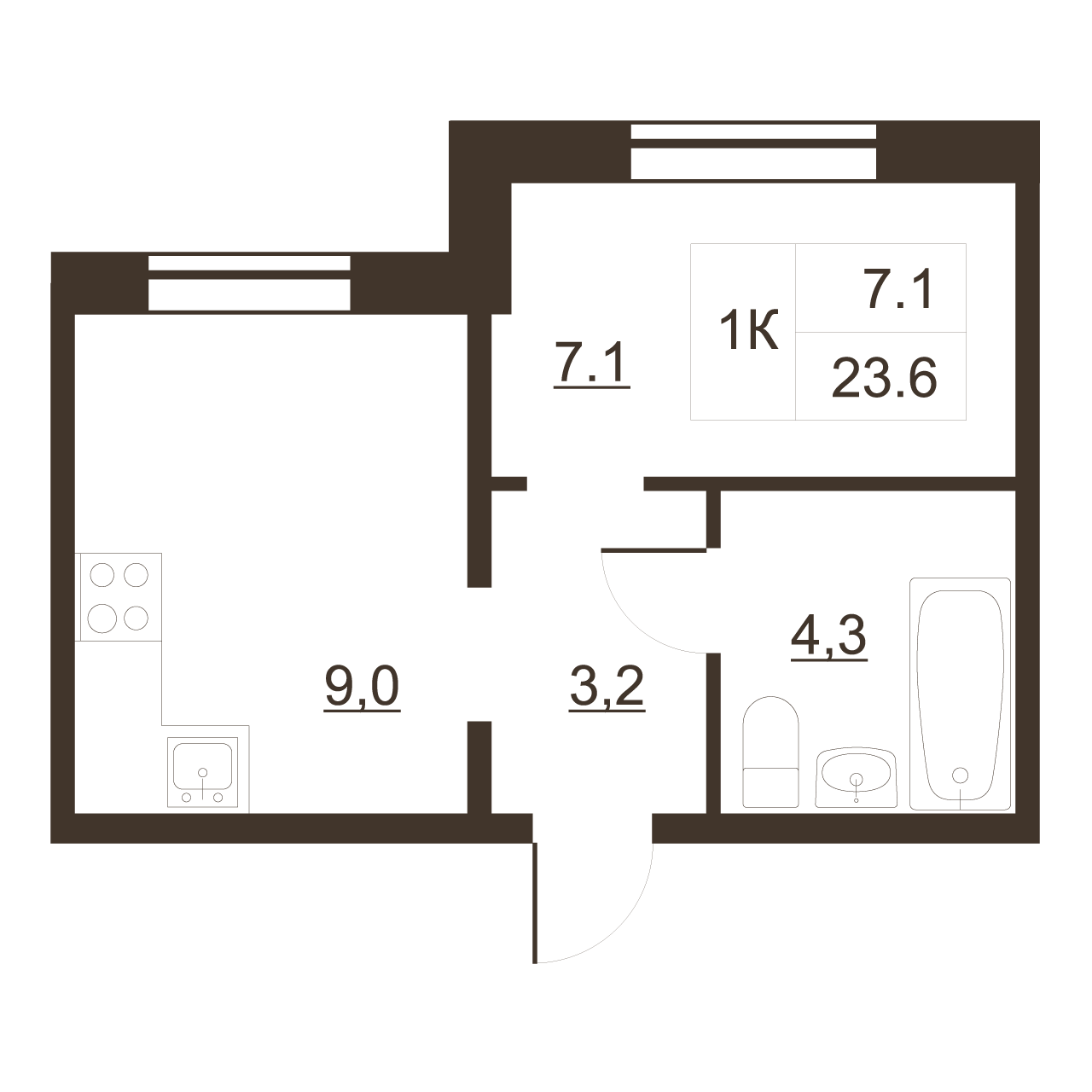 1-комнатная квартира, 23.6