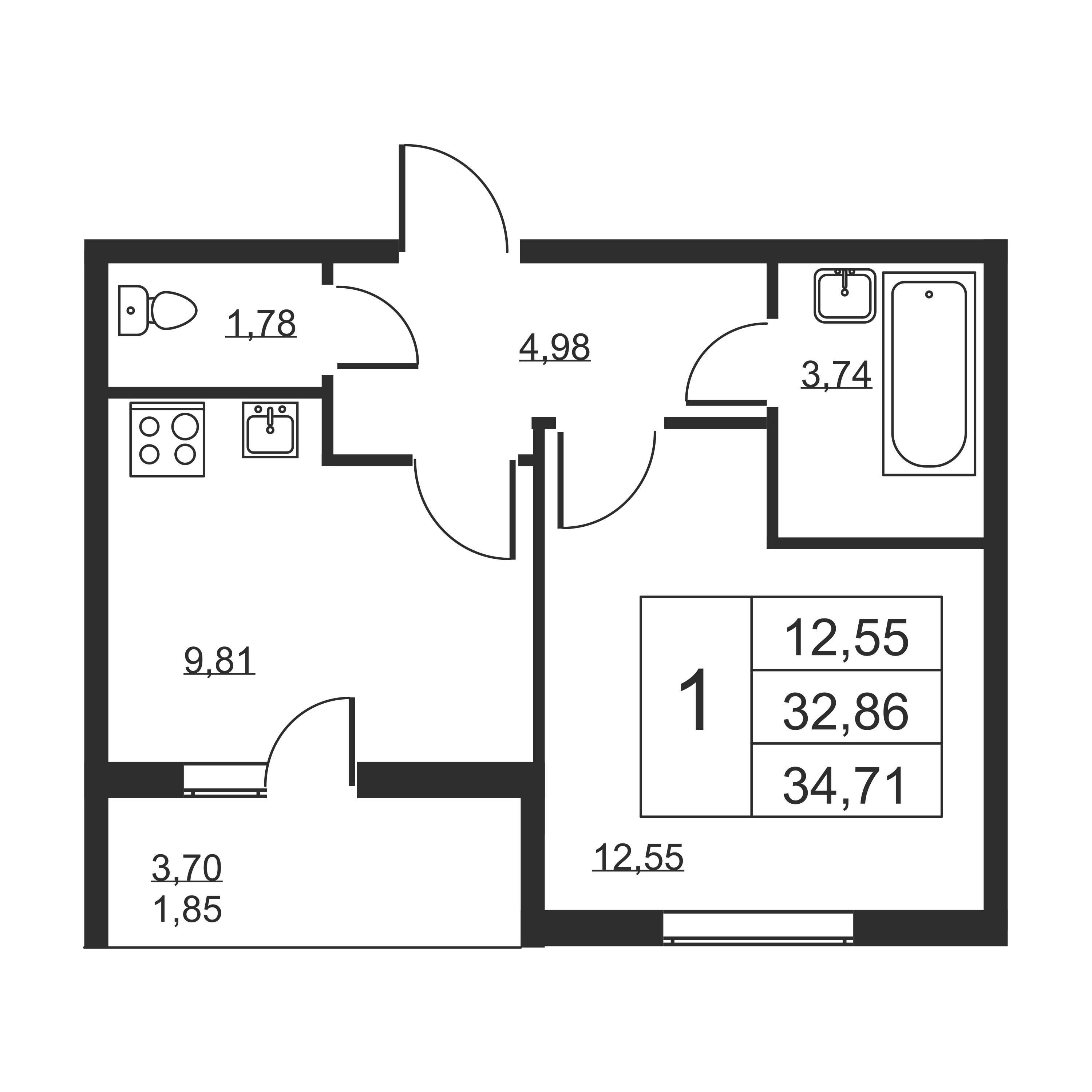 1-комнатная квартира, 34.71