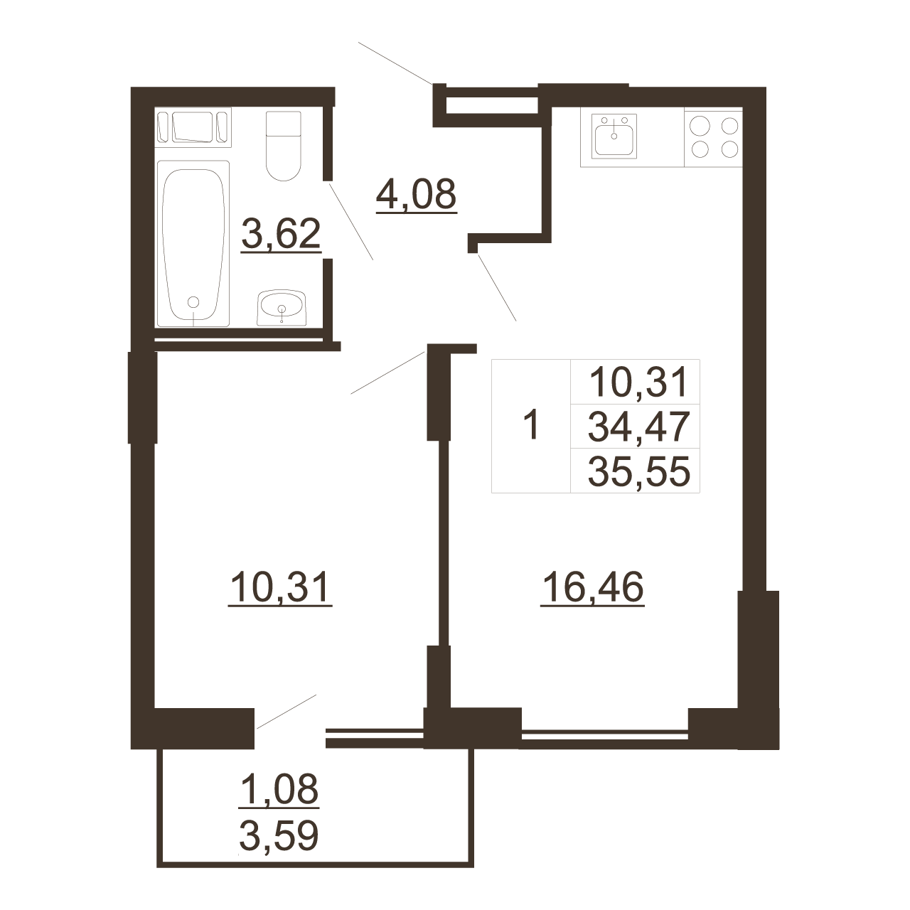 1-комнатная квартира, 35.55