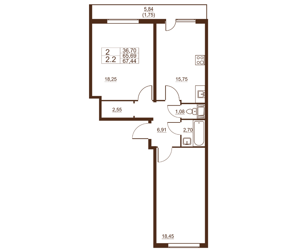 2-комнатная квартира, 67.44