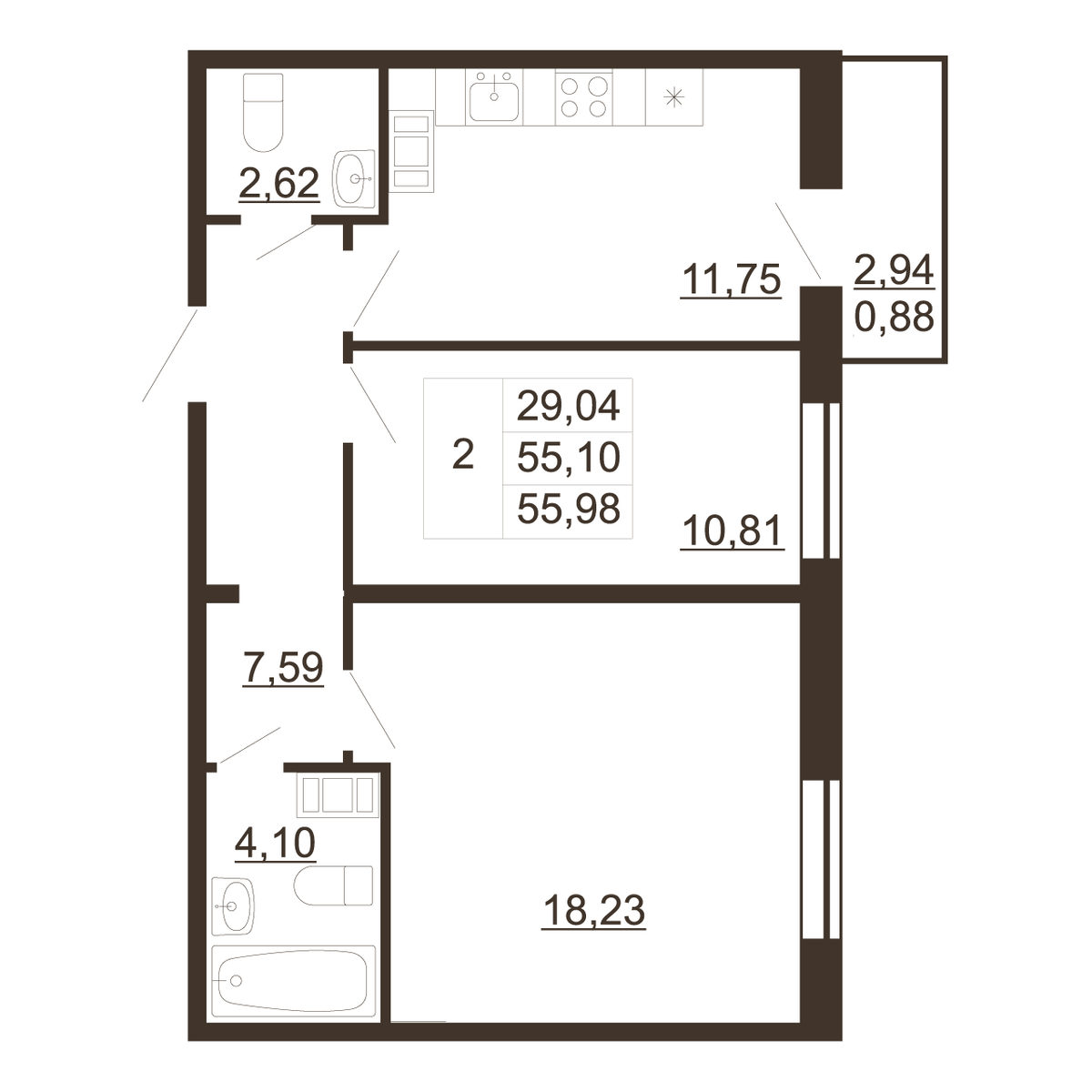 2-комнатная квартира, 55.98