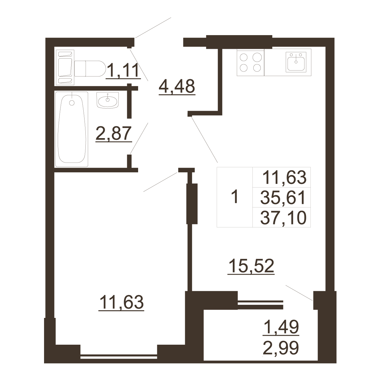 1-комнатная квартира, 37.1