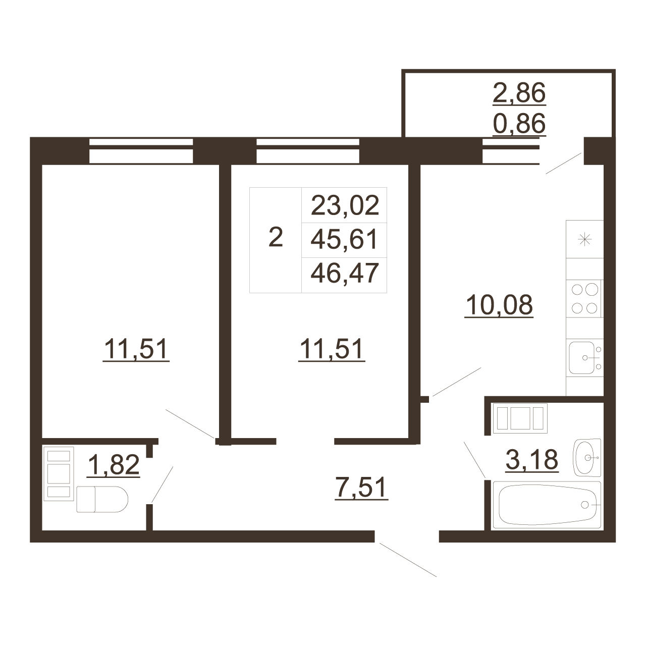 2-комнатная квартира, 46.47