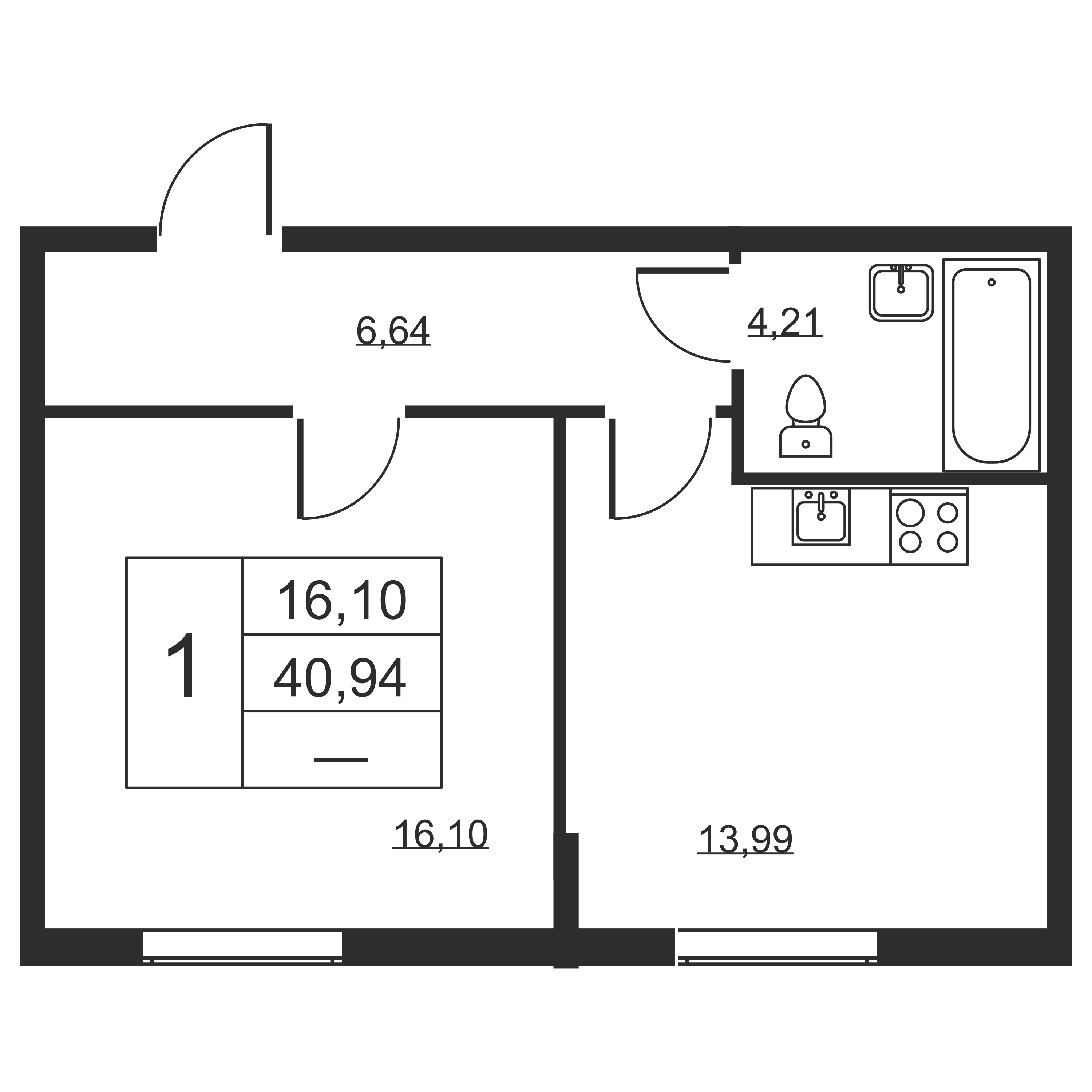 1-комнатная квартира, 40.94