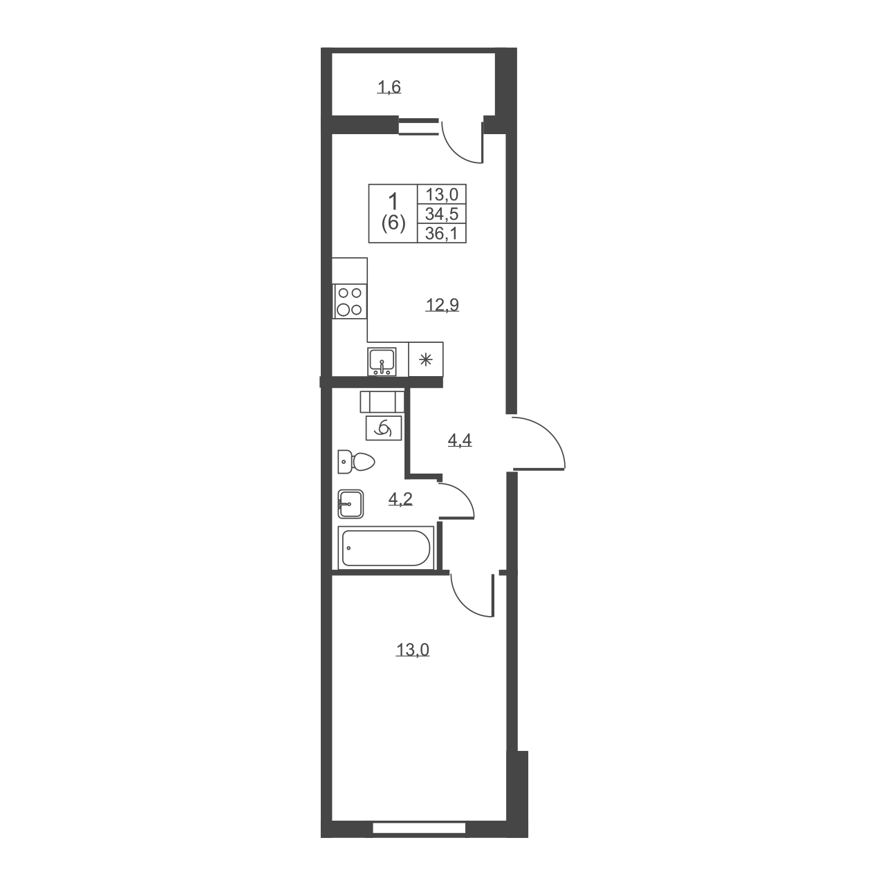 1-комнатная квартира, 36.1