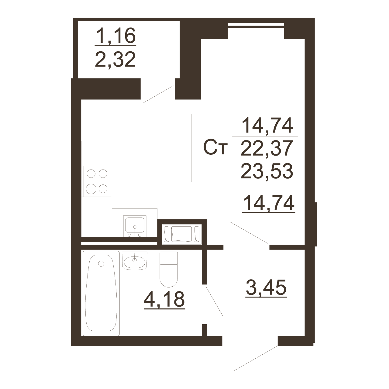 Квартира студия, 23.53