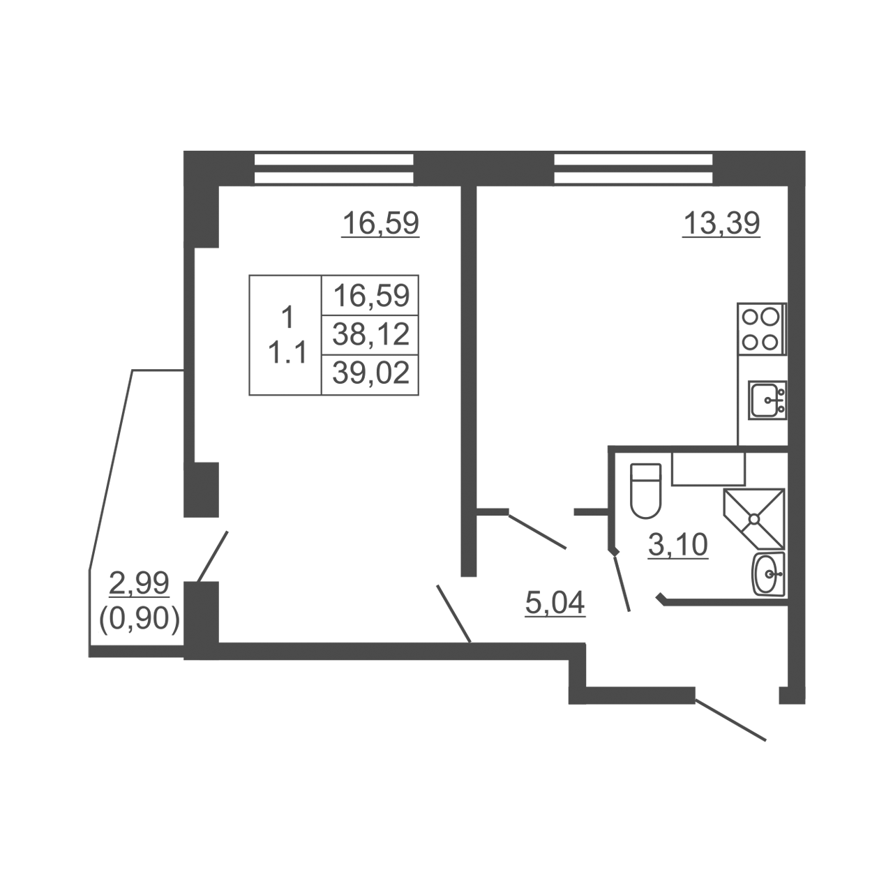 1-комнатная квартира, 39.02