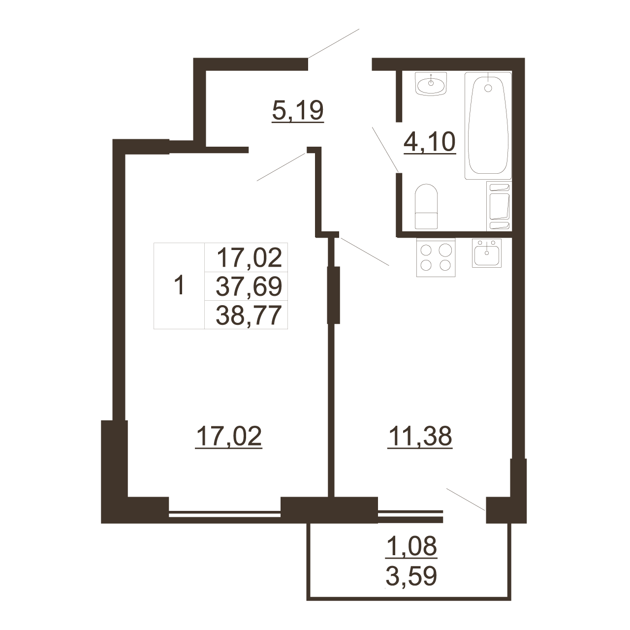 1-комнатная квартира, 38.77