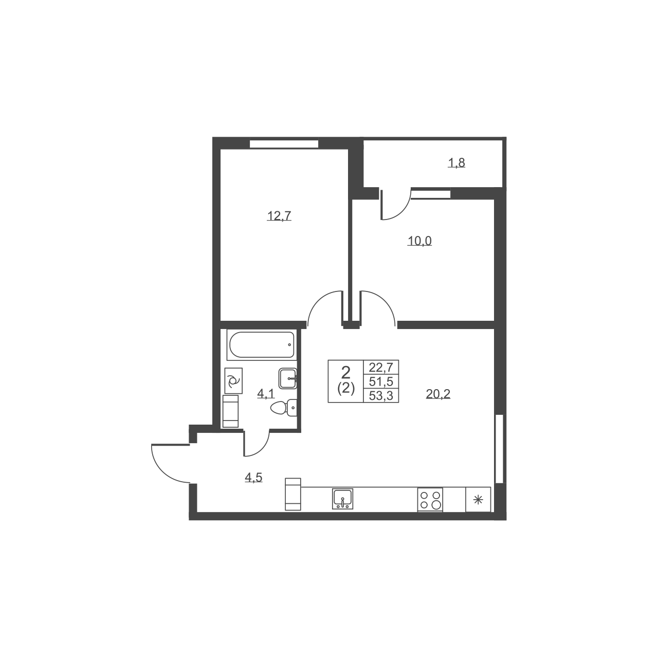 2-комнатная квартира, 53.3